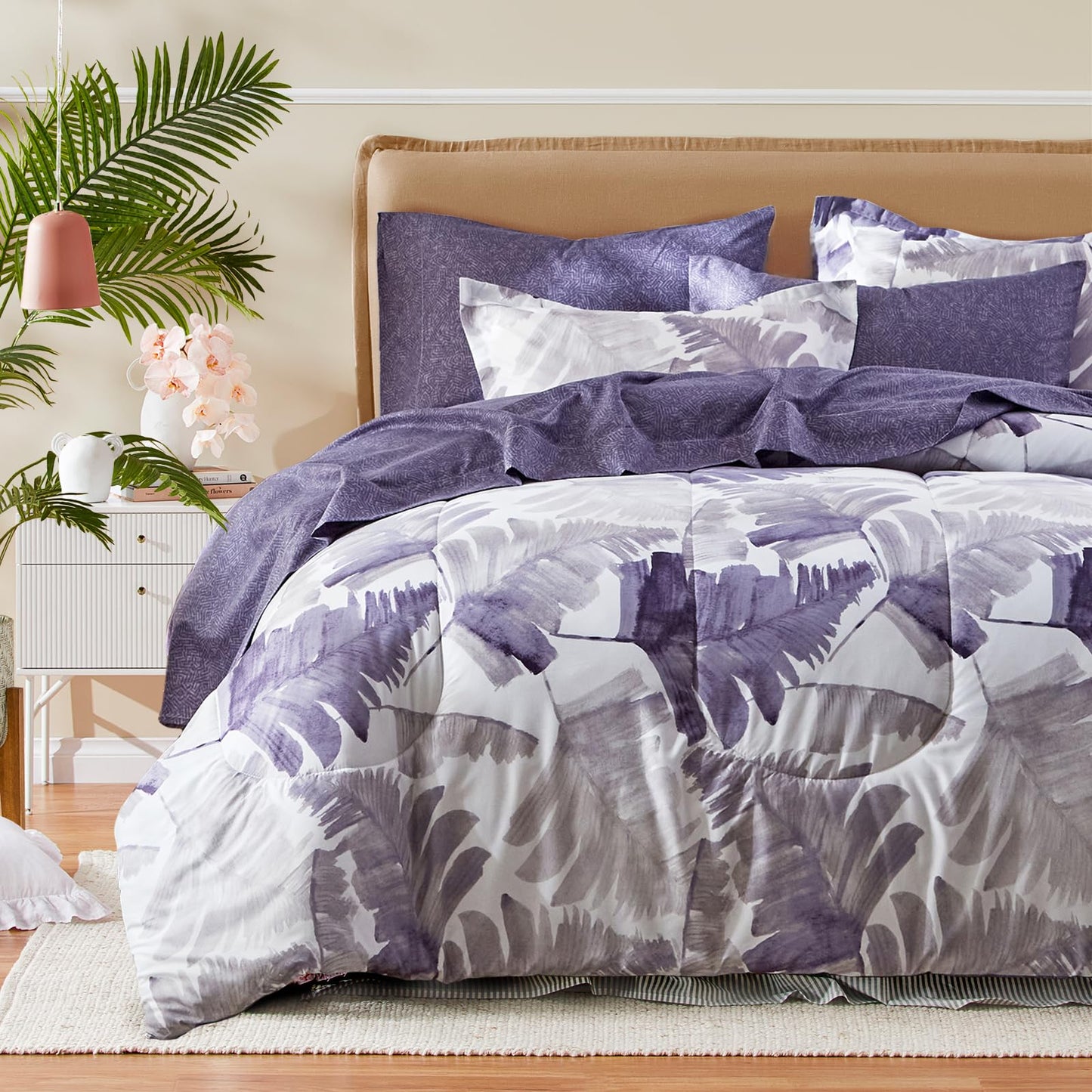 Purple Leaves Bed in a Bag 7 Pieces Floral White Comforter Sheet Set