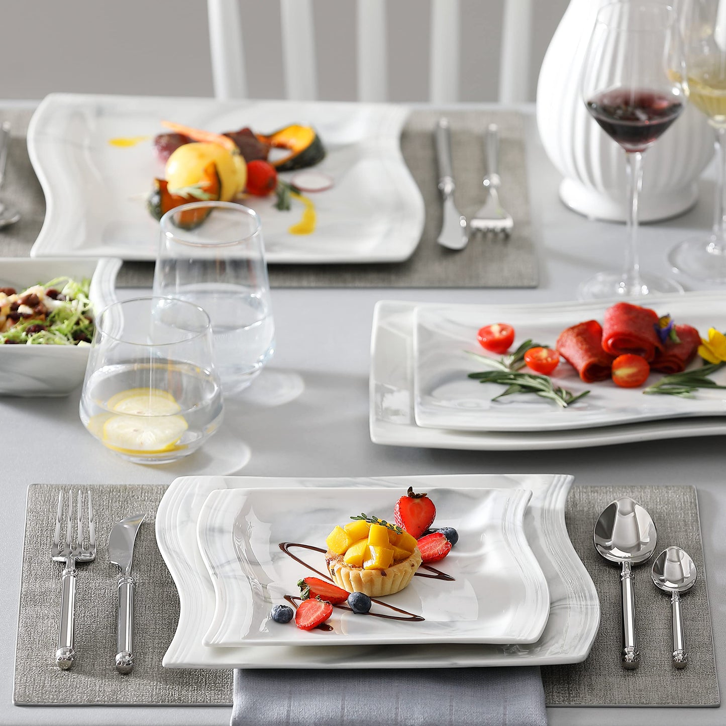 Dinnerware Sets, 12-Piece Porcelain Plates and Bowls Sets, Square Marble