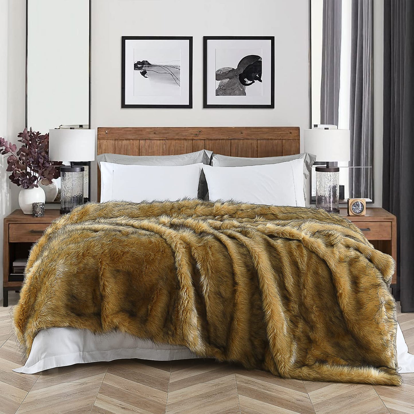 Luxury Plush Faux Fur Blanket King Size, Long Pile Brown with Black