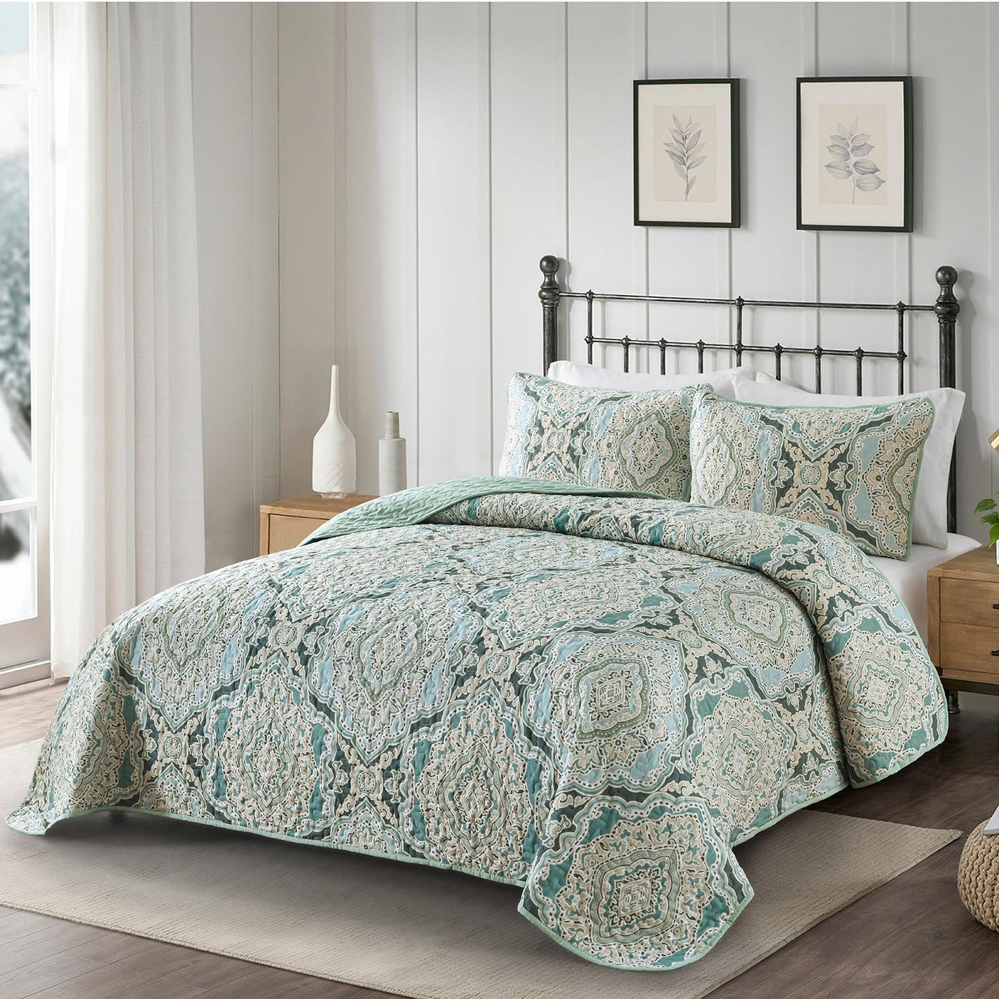 Blue Quilt Set Queen Size Boho Damask Bedspread Sets