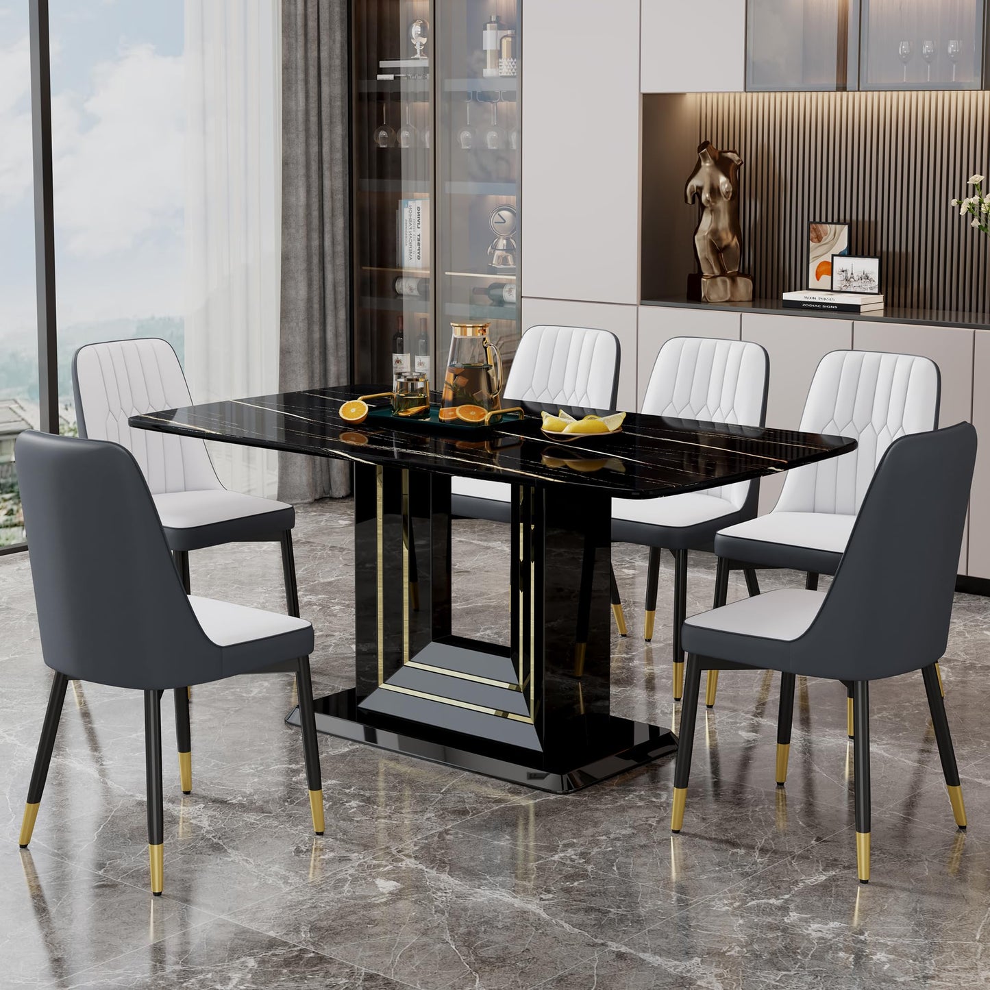 Dining Table Set for 6, White Faux Marble Pattern Table with 6 Modern Dining Chairs