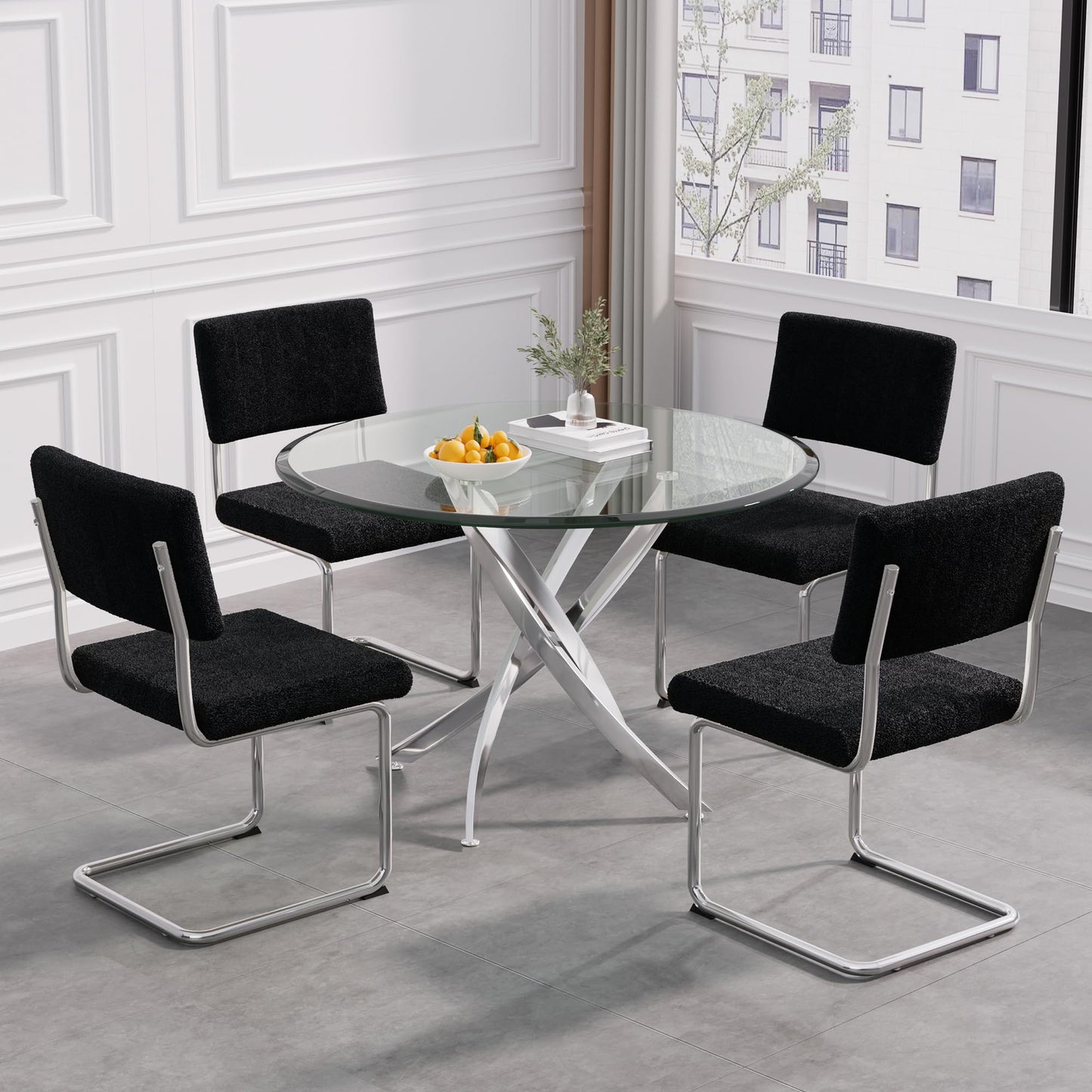 5 Piece Round Glass Dining Table Table Set, Round Glass with 4 PU Dining Chairs