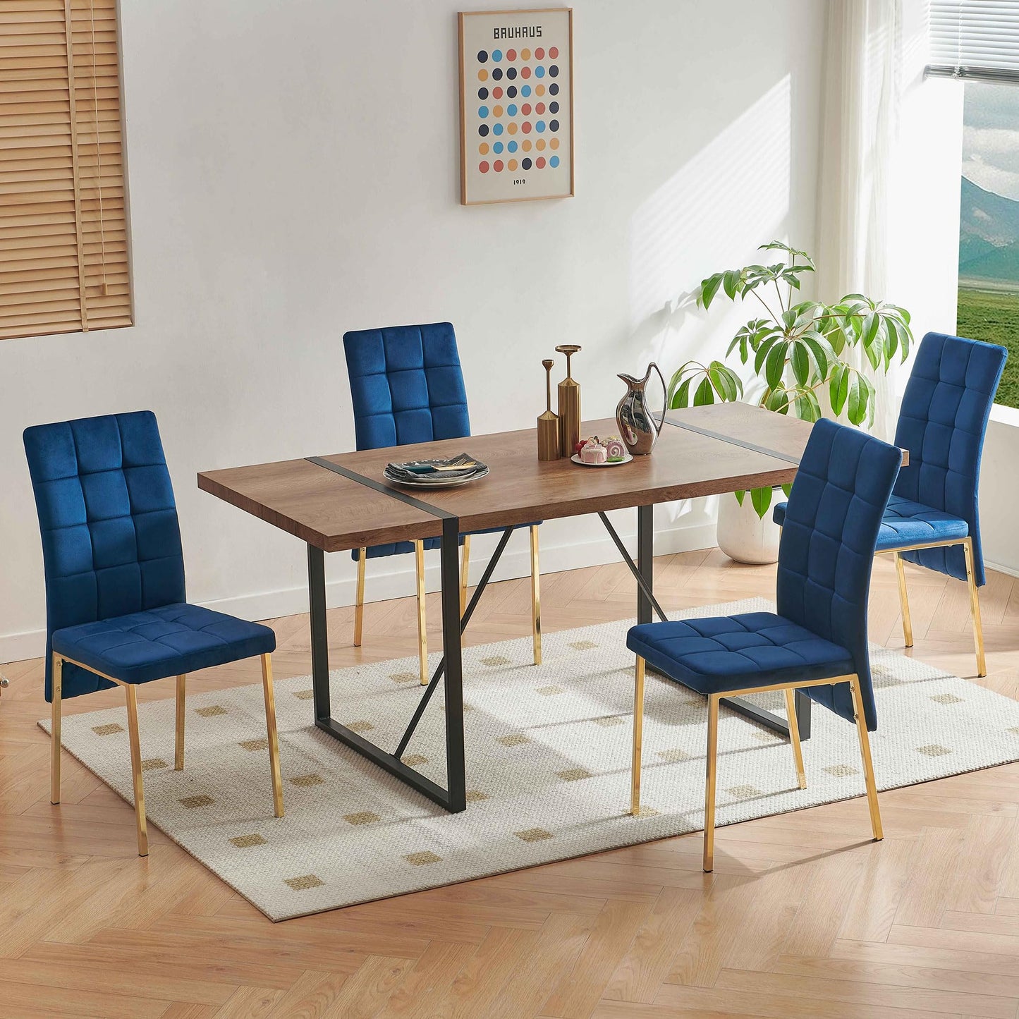 7 PCS Dining Room Table Set, 66" Large Kitchen Table Chairs Velvet Upholstered Chairs