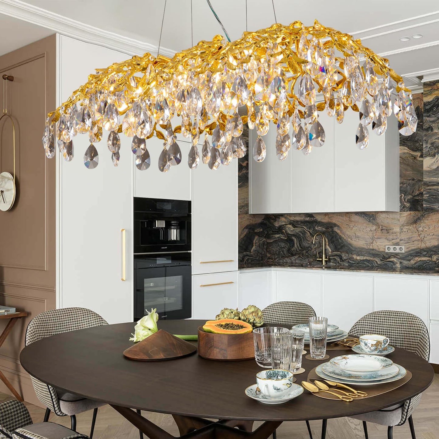 Modern Crystal Chandelier, Gold Pendant Flower Hanging Lighting