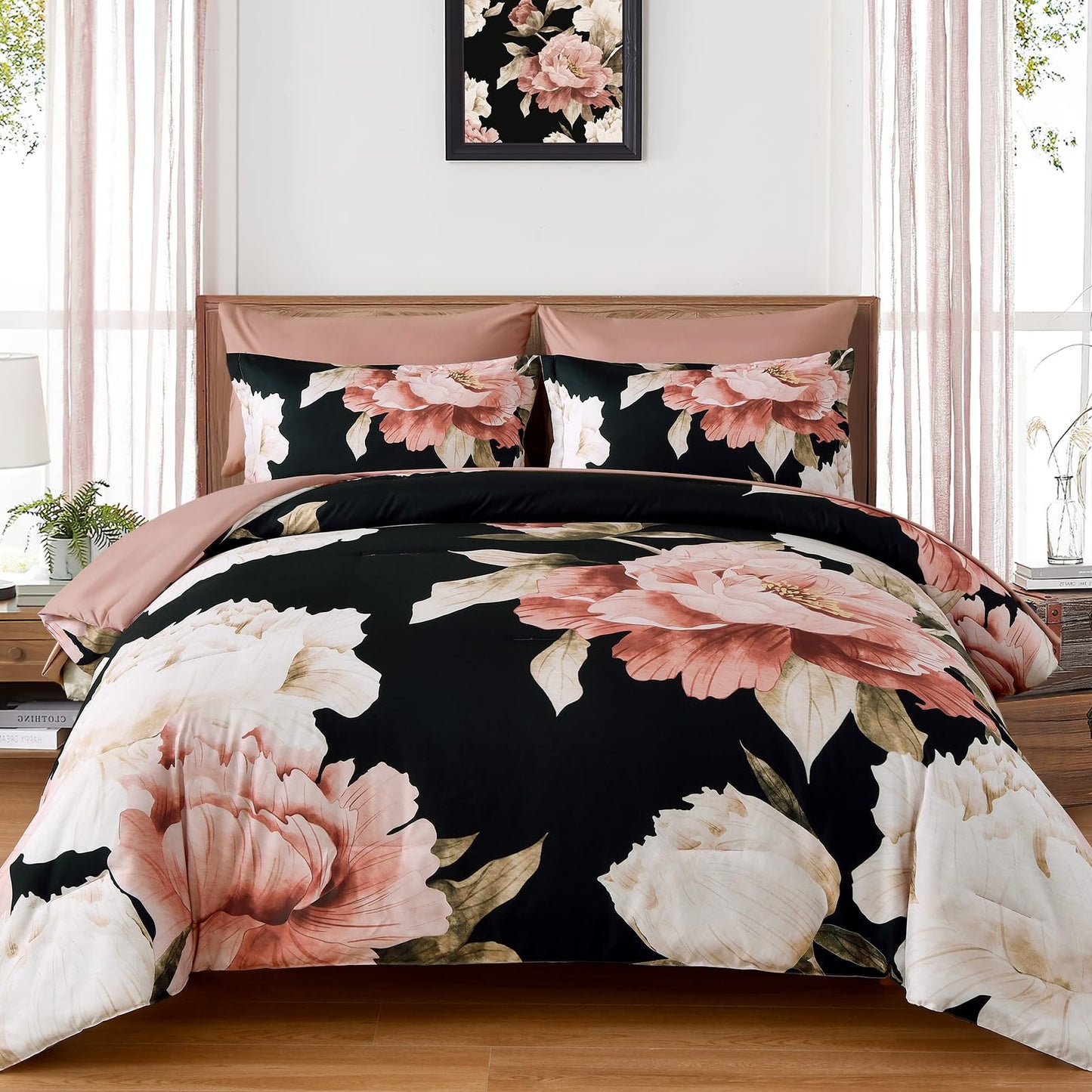 Black Queen Comforter Set 7 Piece Bed in a Bag, Pink Floral Printed