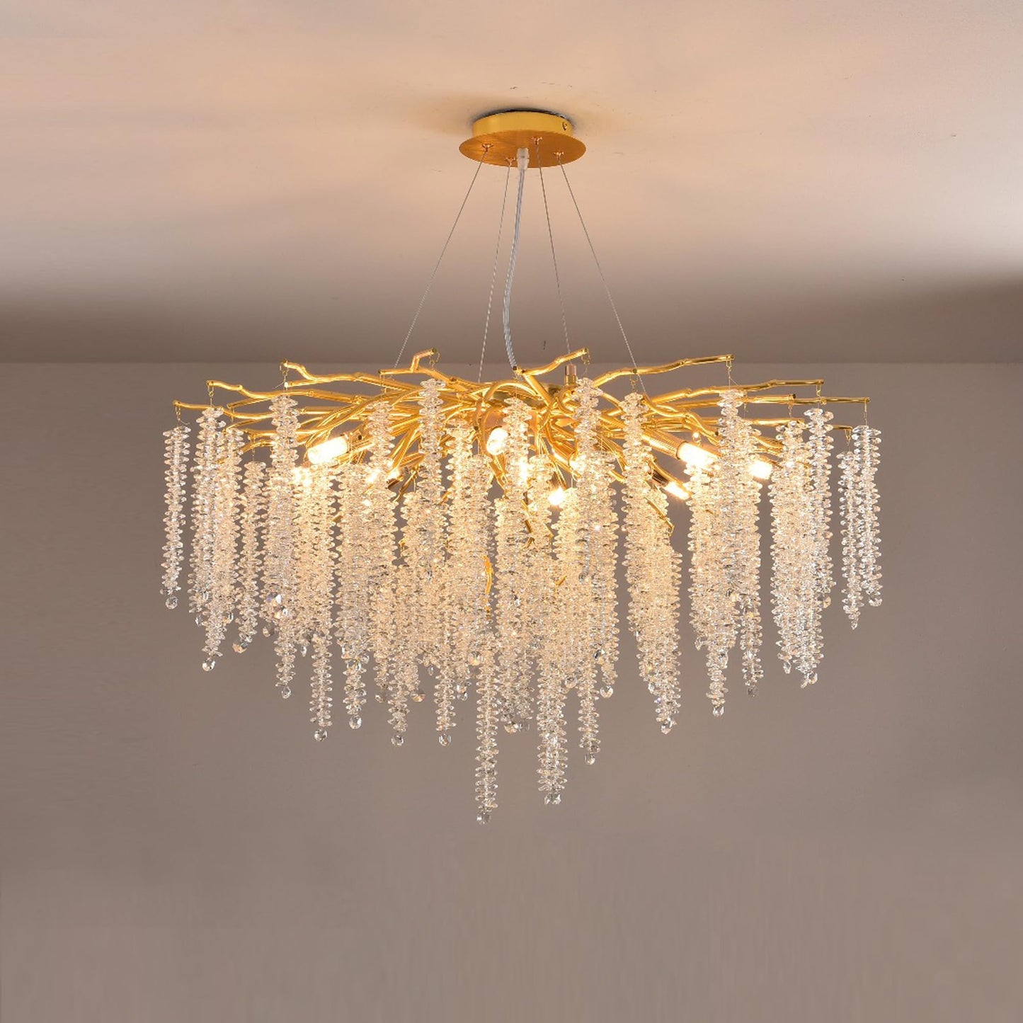 Modern Crystal Tree Branches Chandelier Gold Round Raindrop