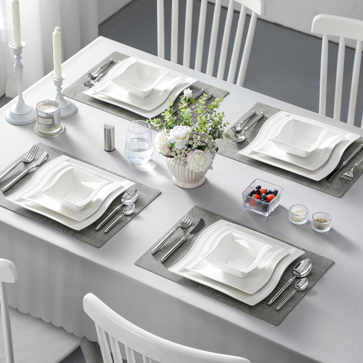 Dinnerware Sets, 12-Piece Porcelain Plates and Bowls Sets, Square Marble