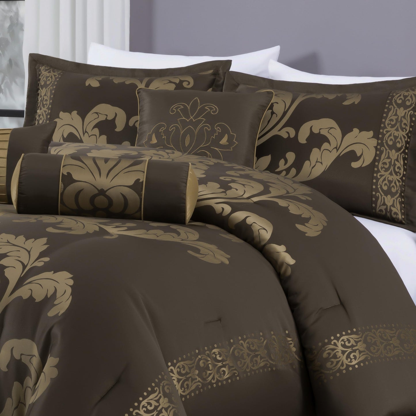 7-Piece Jacquard Floral Comforter Set (Queen, Navy/Gold)