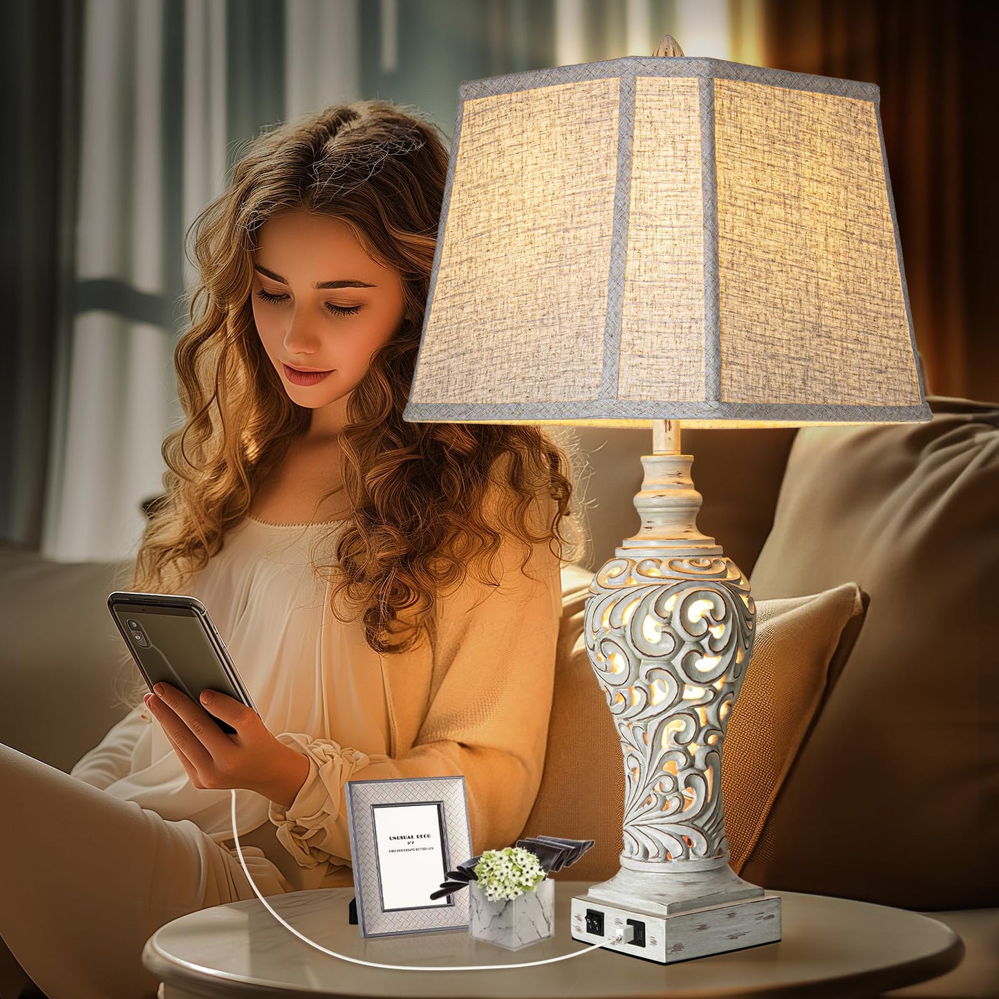 Table Lamps Set of 2 - Fabric Shades with USB and Nightlight