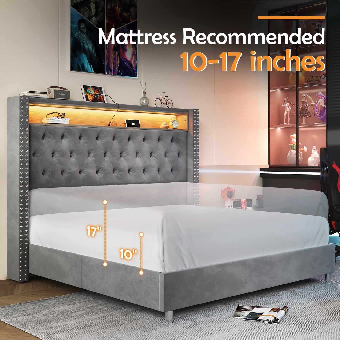 LED King Size Bed Frame and Headboard with Charging Station Velvet Upholstered