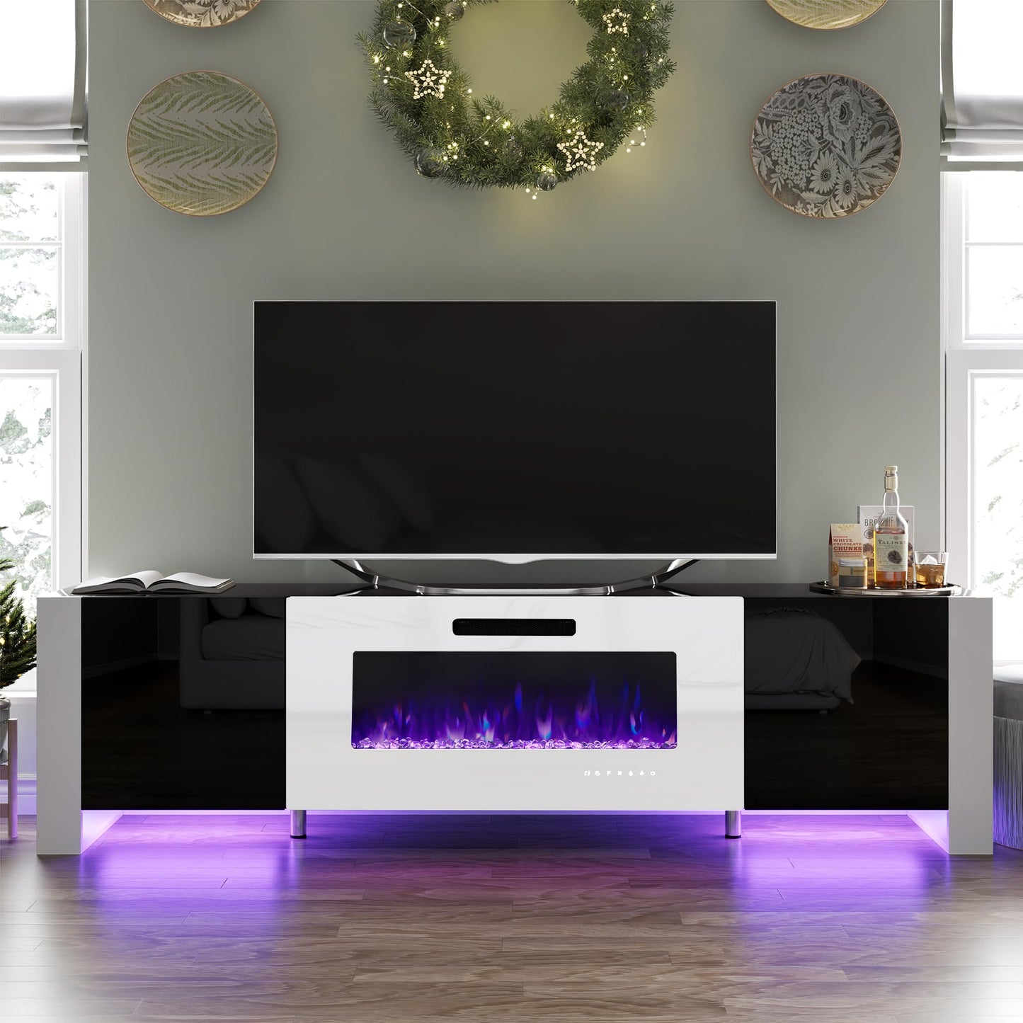 70" Fireplace TV Stand with 36" Electric Fireplace, High Gloss with LED Lights