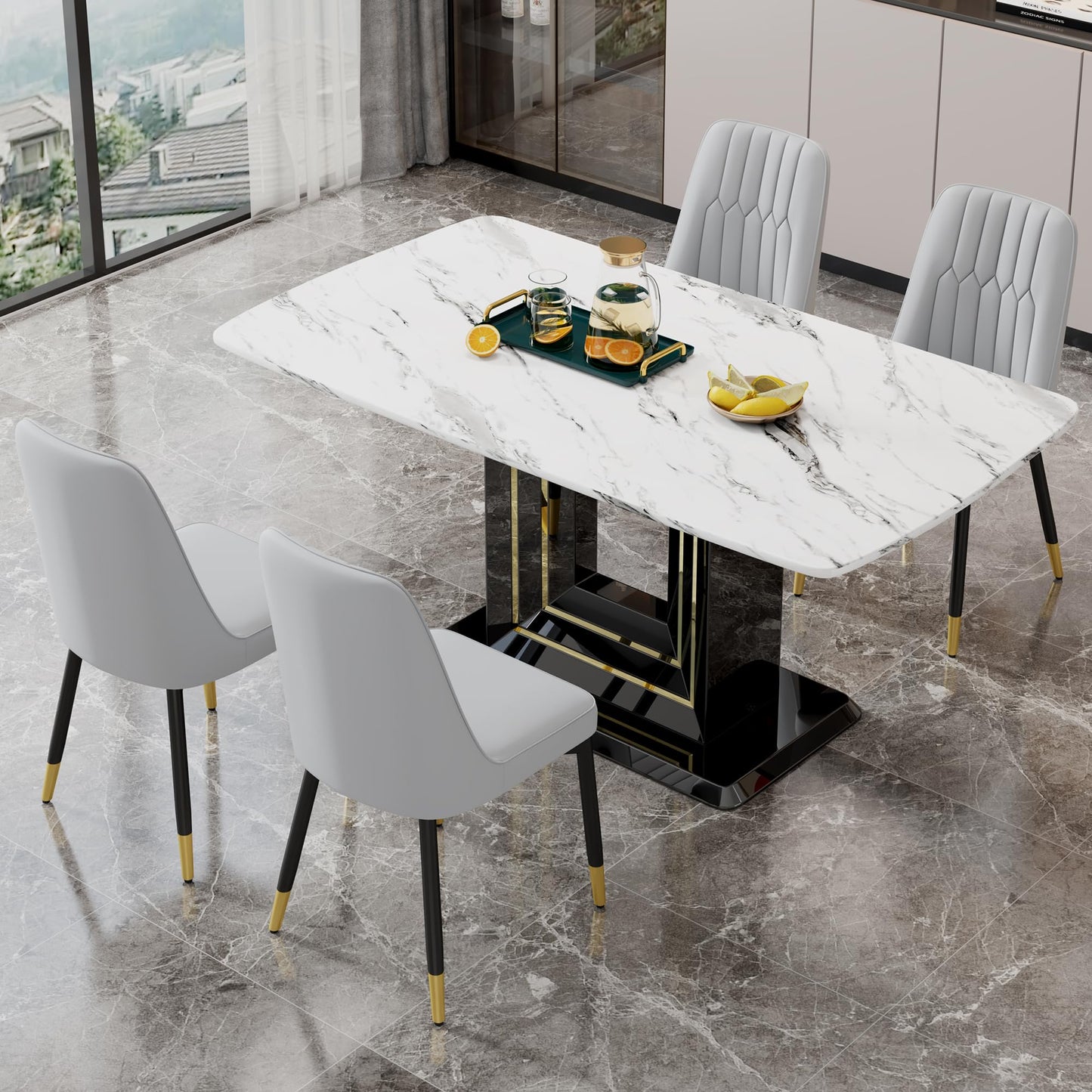 Dining Table Set for 6, White Faux Marble Pattern Table with 6 Modern Dining Chairs