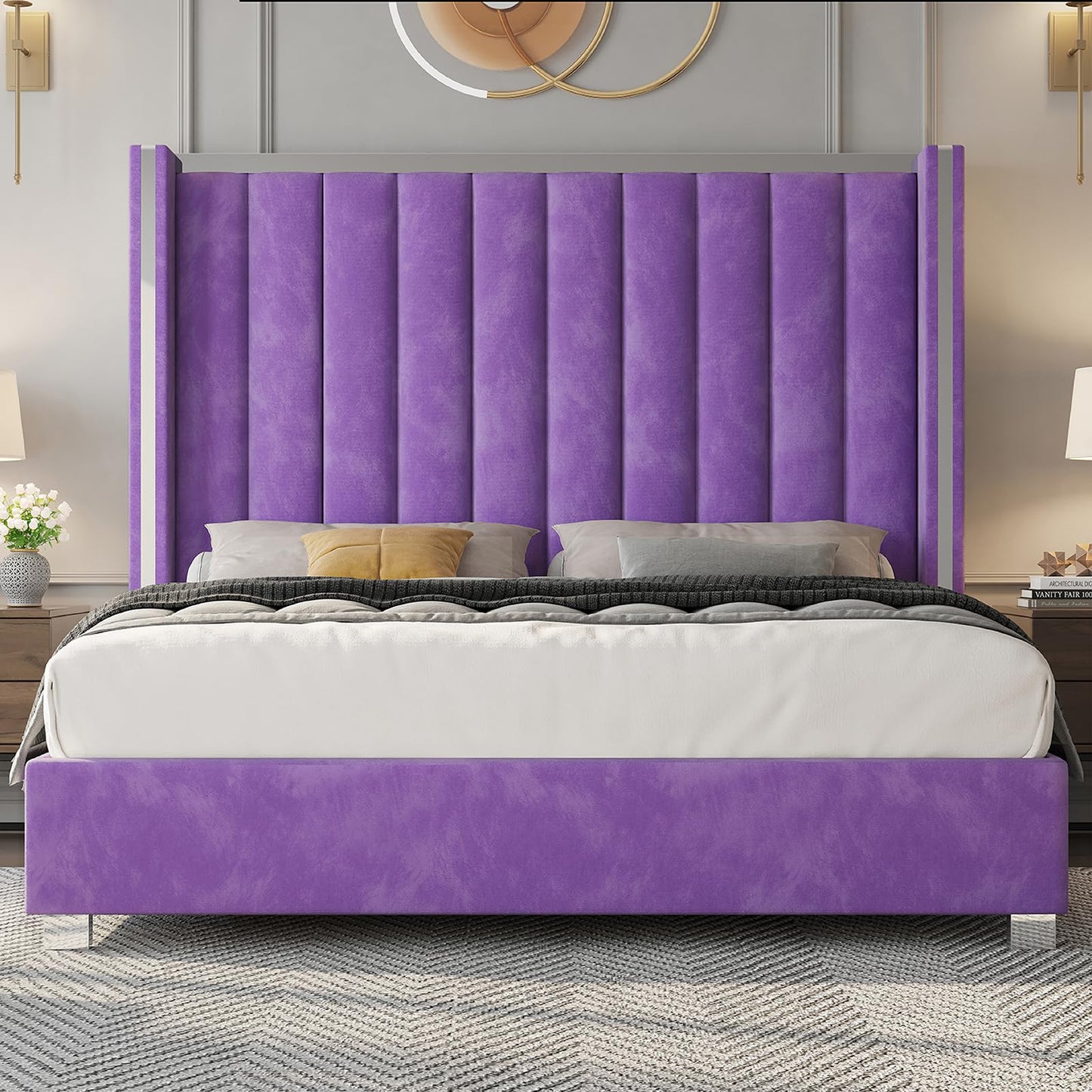 58" Tall Headboard, Velvet Upholstered Platform Bed with Channel Tufted Wingback