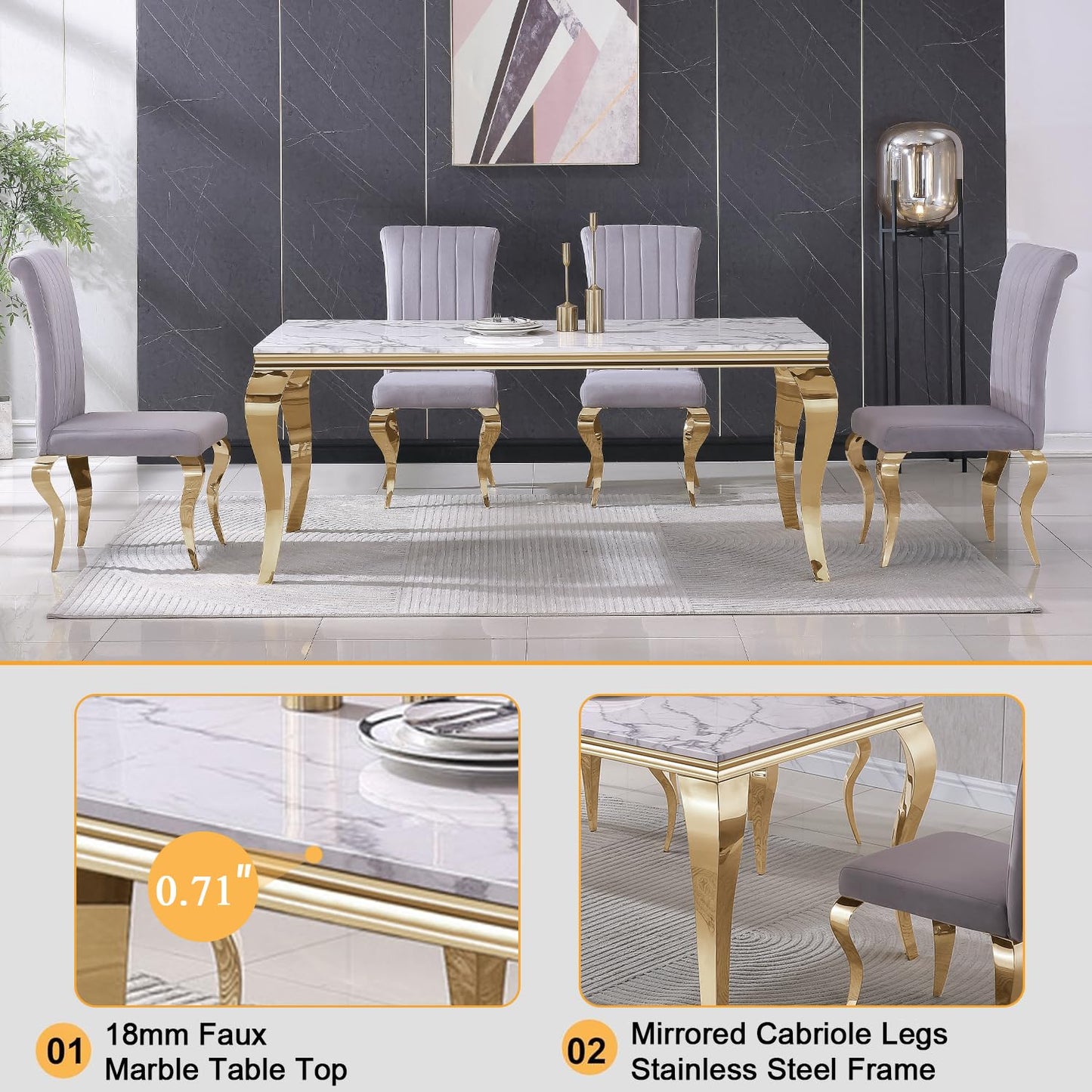 70 Inch White Marble Kitchen Table with Gold Mirrored Cabriole Legs