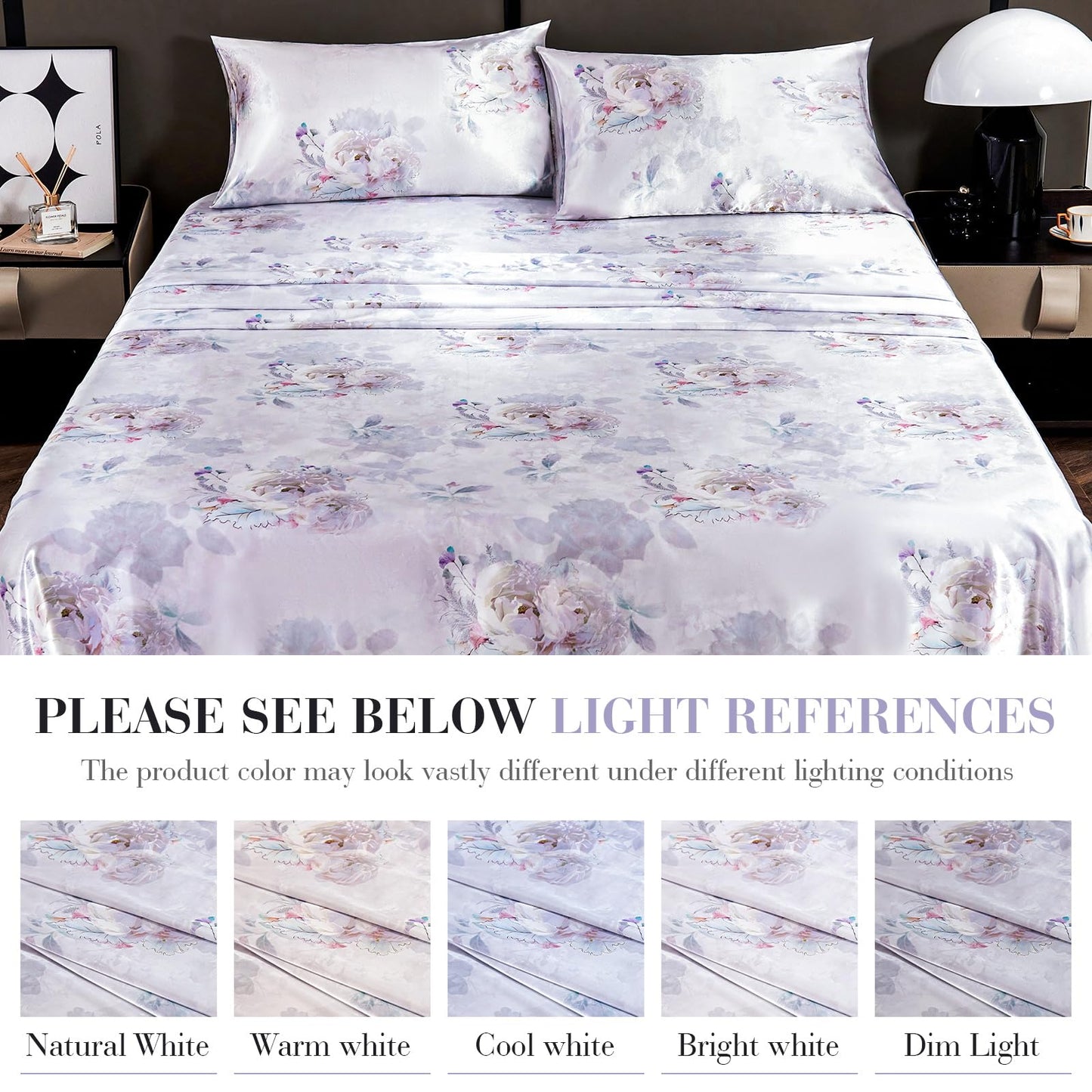 Floral Print - Luxurious Silky Feel Queen Sheet Set - Elegant Smooth Satin Bed Sheets