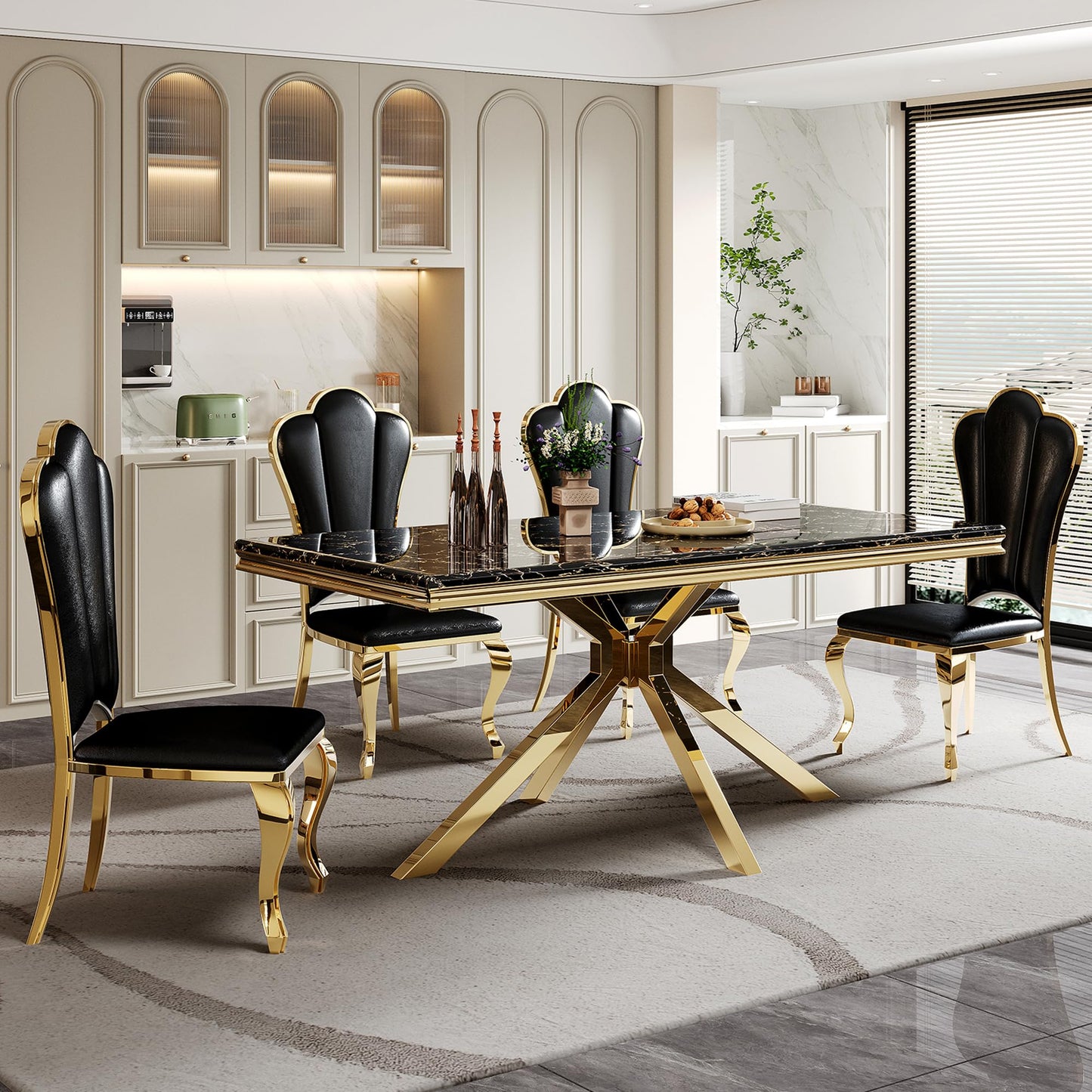 70 Inch White Marble Kitchen Table with Gold Mirrored Cabriole Legs