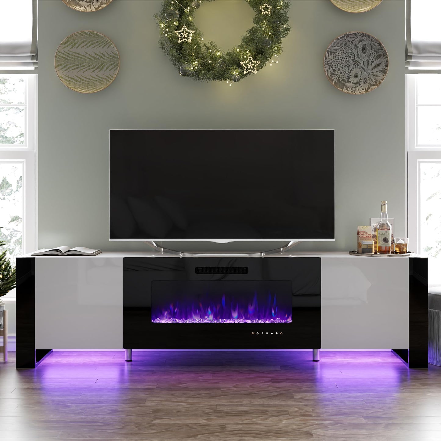 70" Fireplace TV Stand with 36" Electric Fireplace, High Gloss with LED Lights