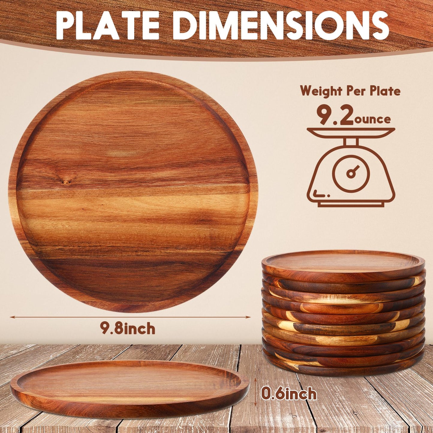 12 Pieces Acacia Wood Dinner Plates 9.8 Inch Round Wood Dishes