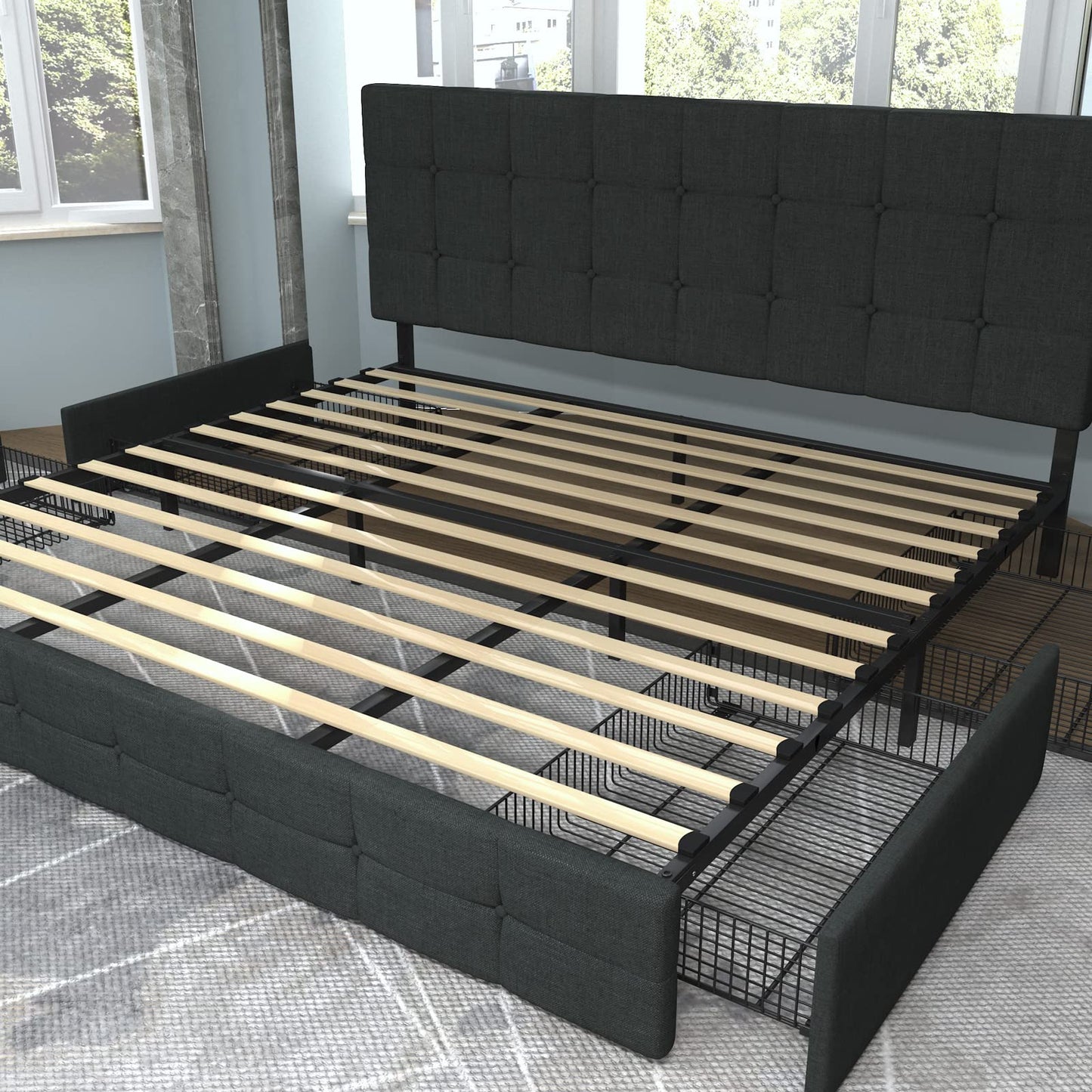 Upholstered Platform Bed Frame with 4 Storage Drawers and Headboard