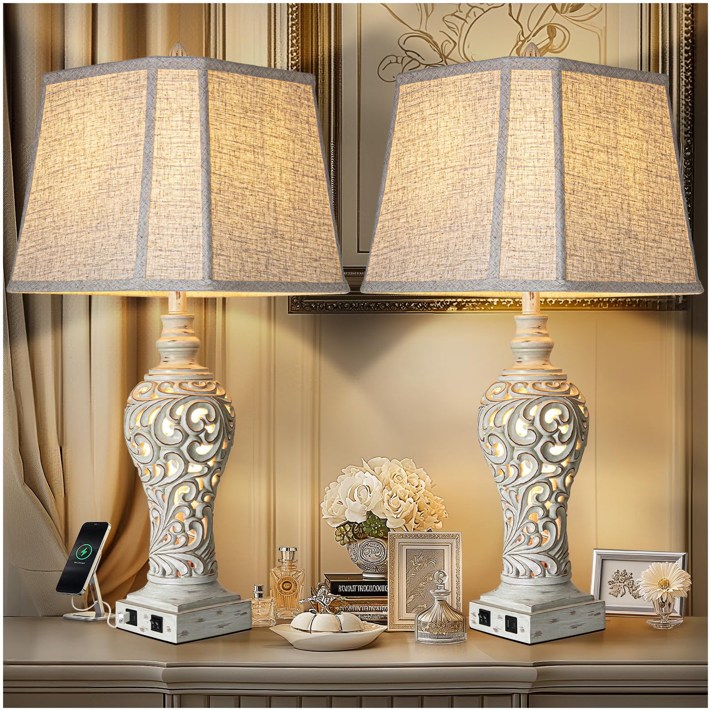 Table Lamps Set of 2 - Fabric Shades with USB and Nightlight