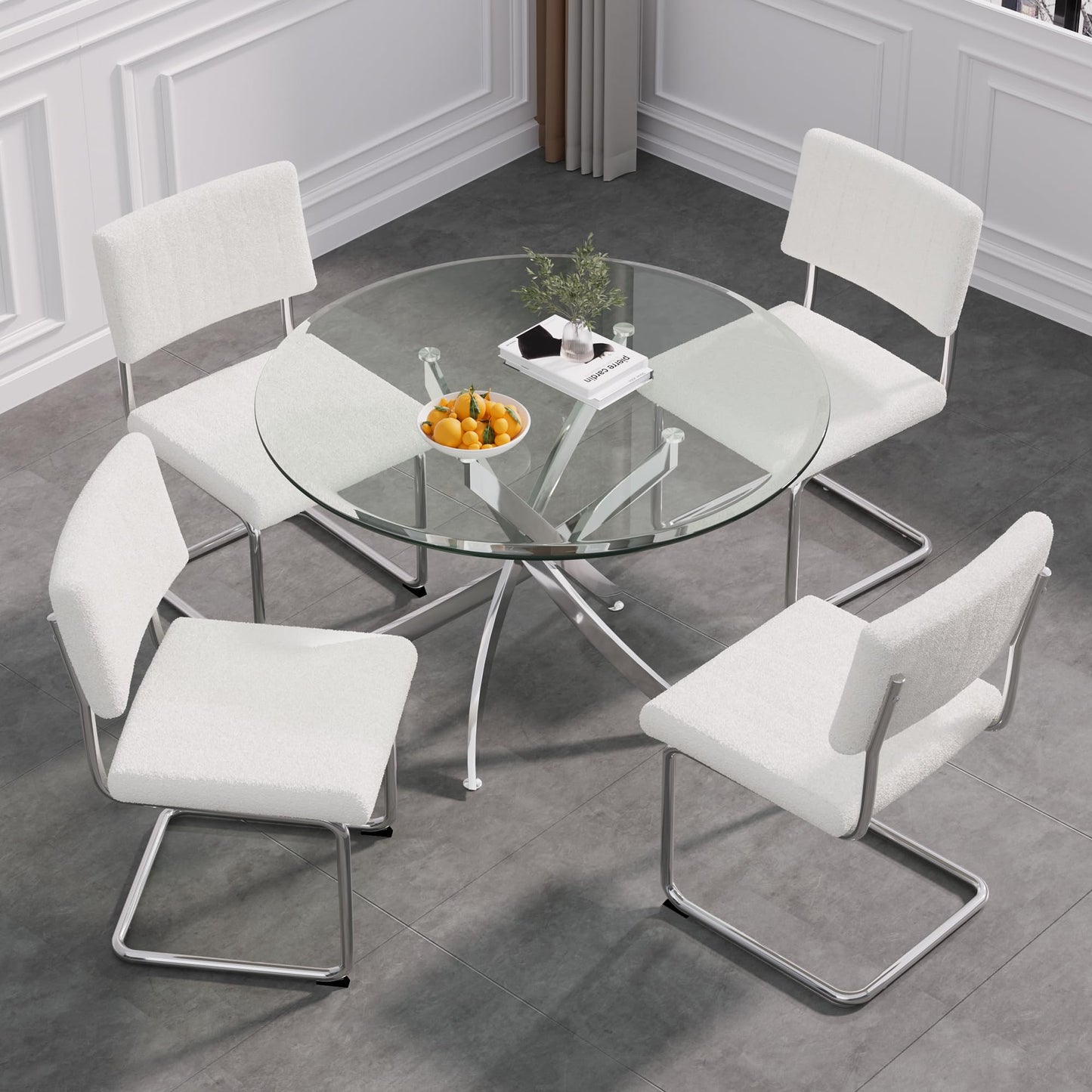 5 Piece Round Glass Dining Table Table Set, Round Glass with 4 PU Dining Chairs