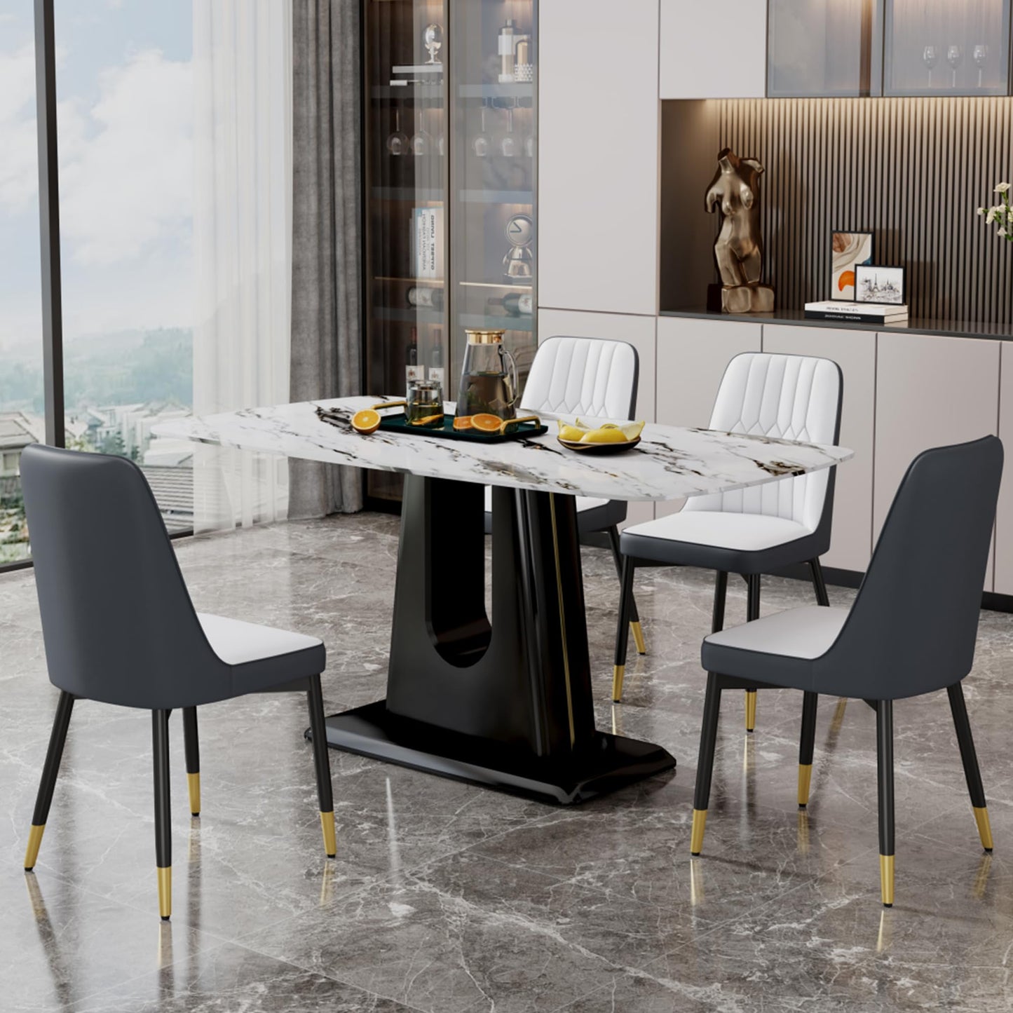 Dining Table Set for 6, White Faux Marble Pattern Table with 6 Modern Dining Chairs