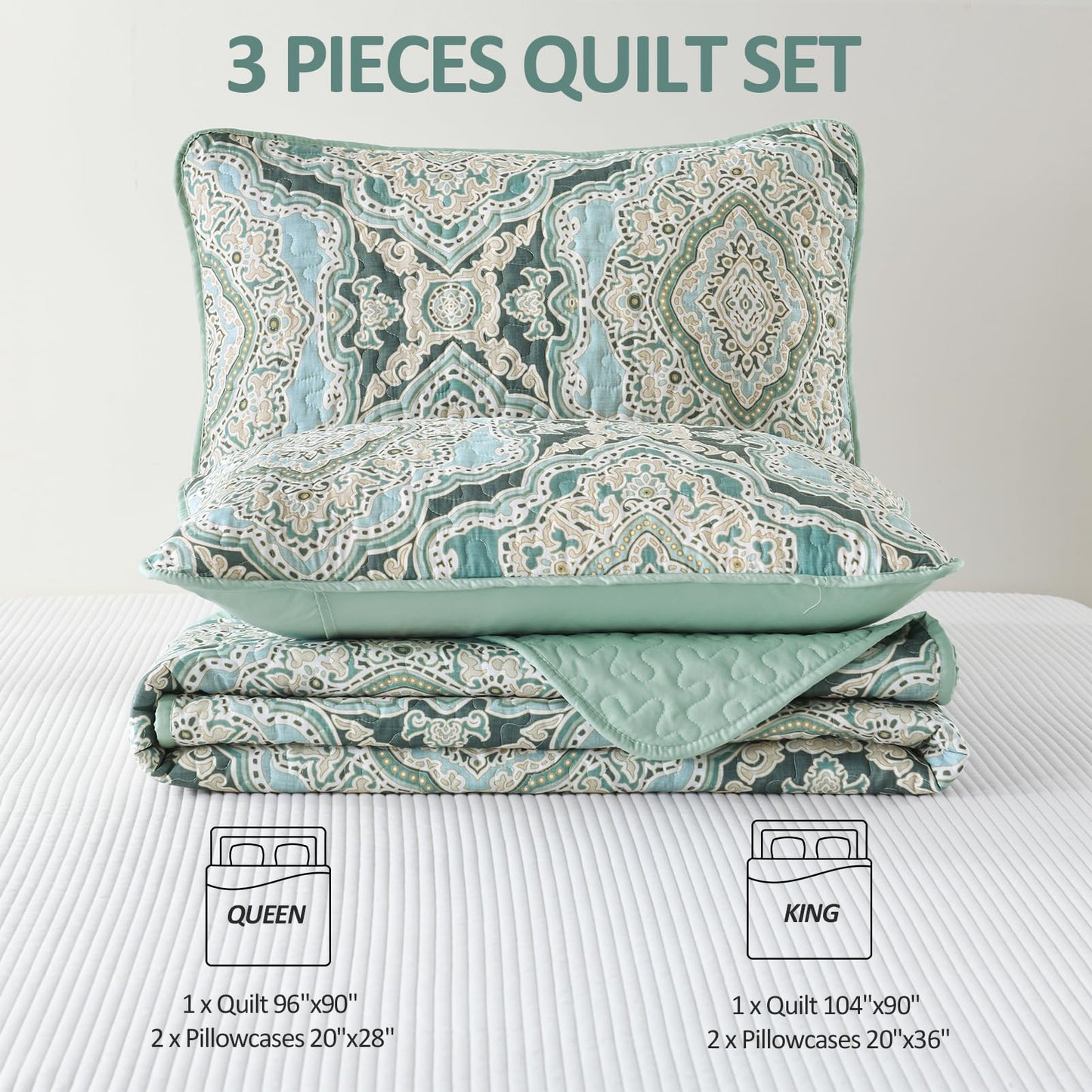 Blue Quilt Set Queen Size Boho Damask Bedspread Sets