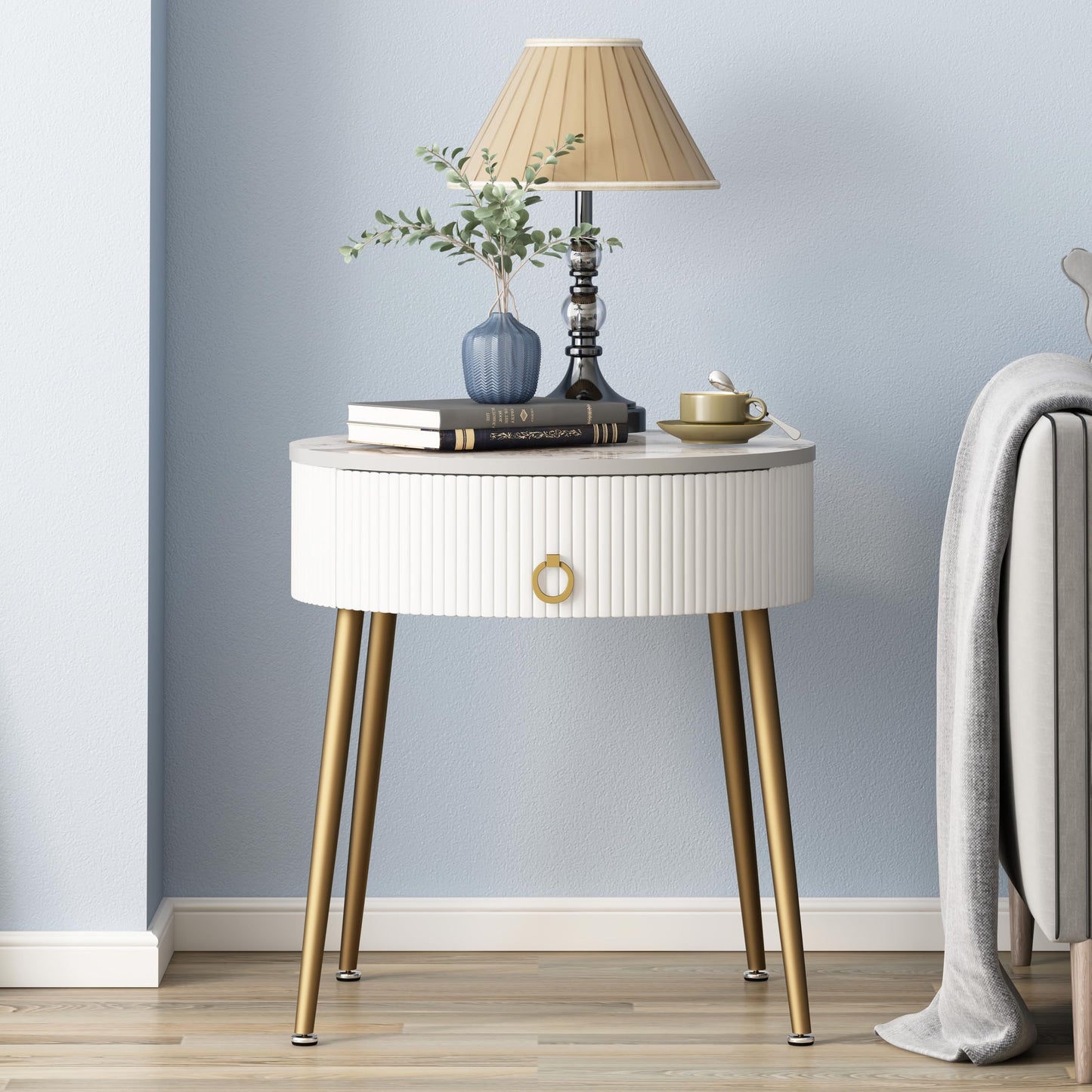 Side Tables Set of 2, Round Nightstand with Drawer, Rustic Brown and Black