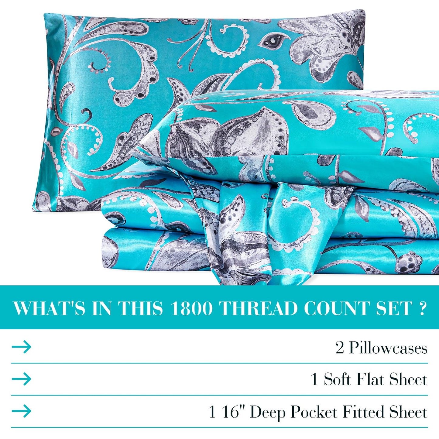 Floral Print - Luxurious Silky Feel Queen Sheet Set - Elegant Smooth Satin Bed Sheets