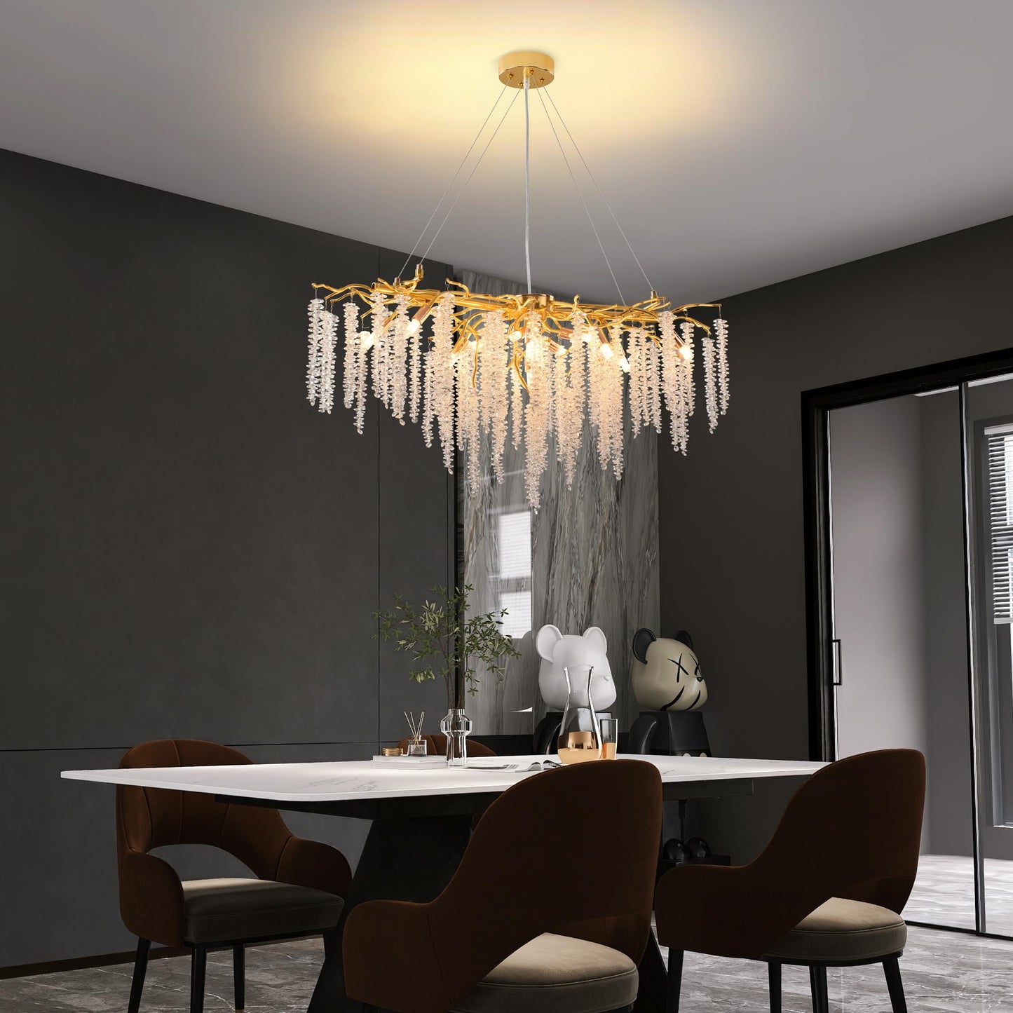 Modern Crystal Tree Branches Chandelier Gold Round Raindrop