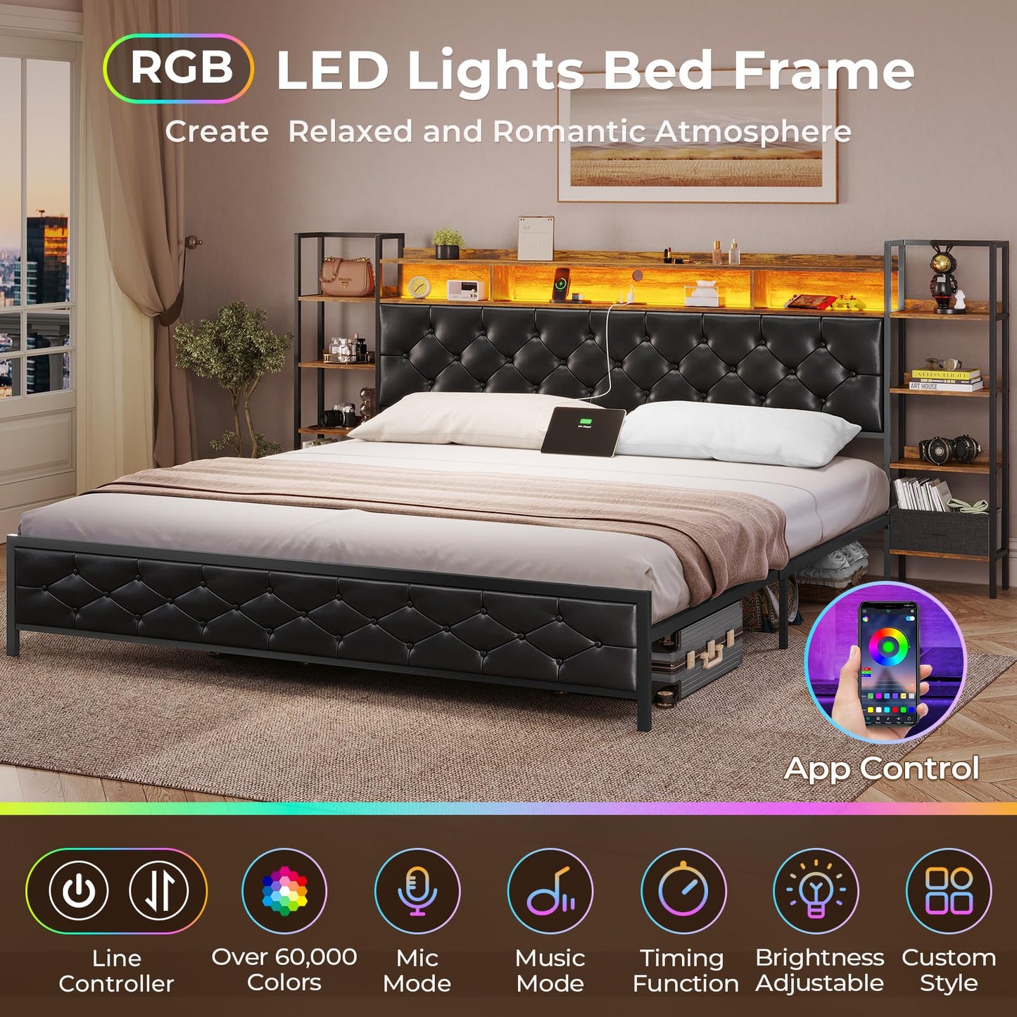 Queen Bed Frame with Storage Headboard and LED Lights