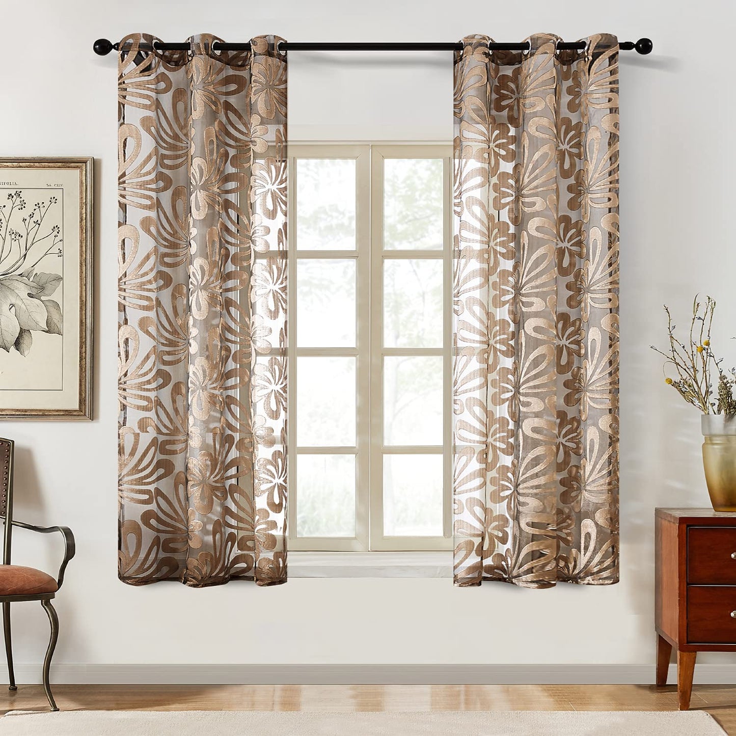 Floral Voile Sheer Curtains 84 Inches Long - Window Treatments 2 Panels