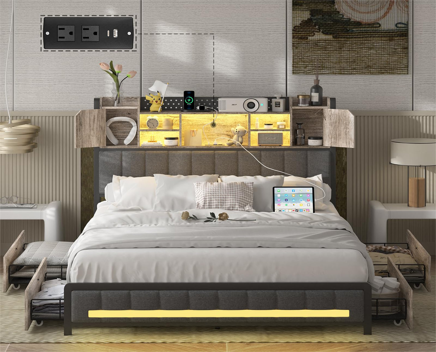 King LED Upholstered Metal Bed Frame with Storage Headboard