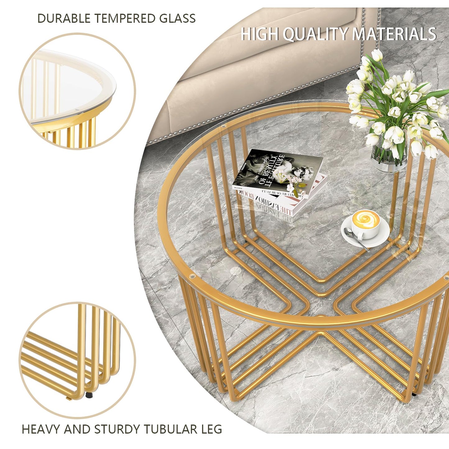 Coffee Tables for Living Room, Round Gold Glass Top Coffee Table