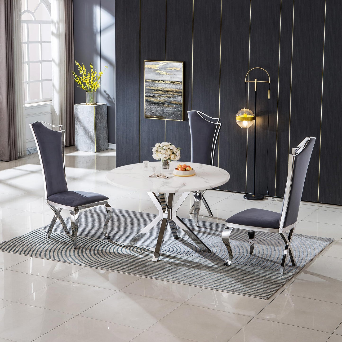 70 Inch White Marble Kitchen Table with Gold Mirrored Cabriole Legs