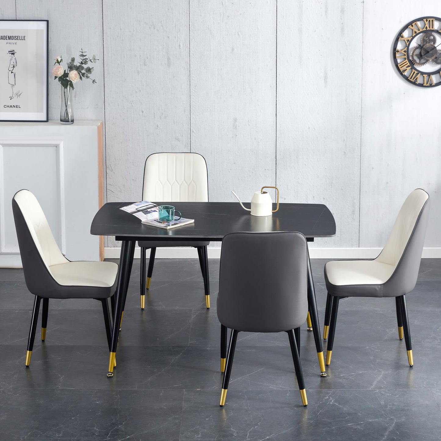 Dining Room Table Set for 4,Sintered Stone Kitchen Table Top and Modern Chairs