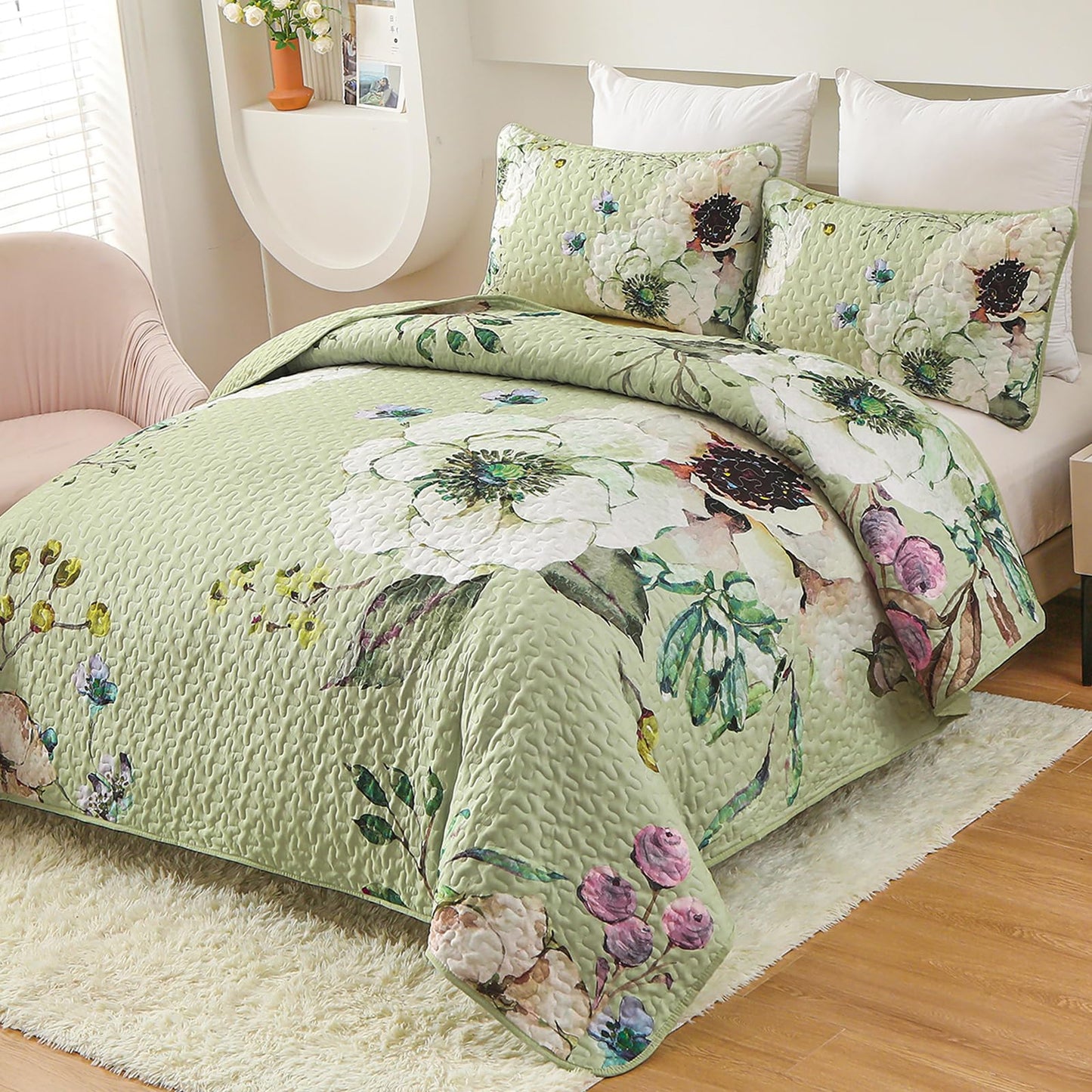 Purple Floral Quilt Set Queen Size, 3 Pieces Botanical Flower Printed