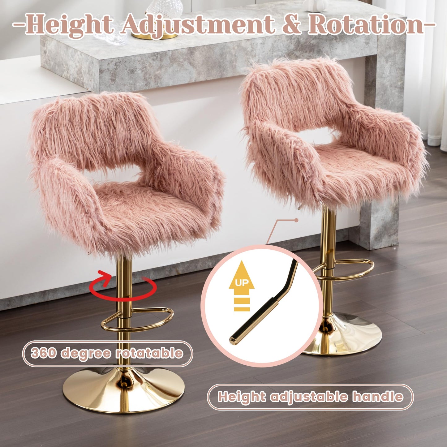 Pink Bar Stools Set of 2, Fuzzy Gold Counter Stools for Kitchen Island