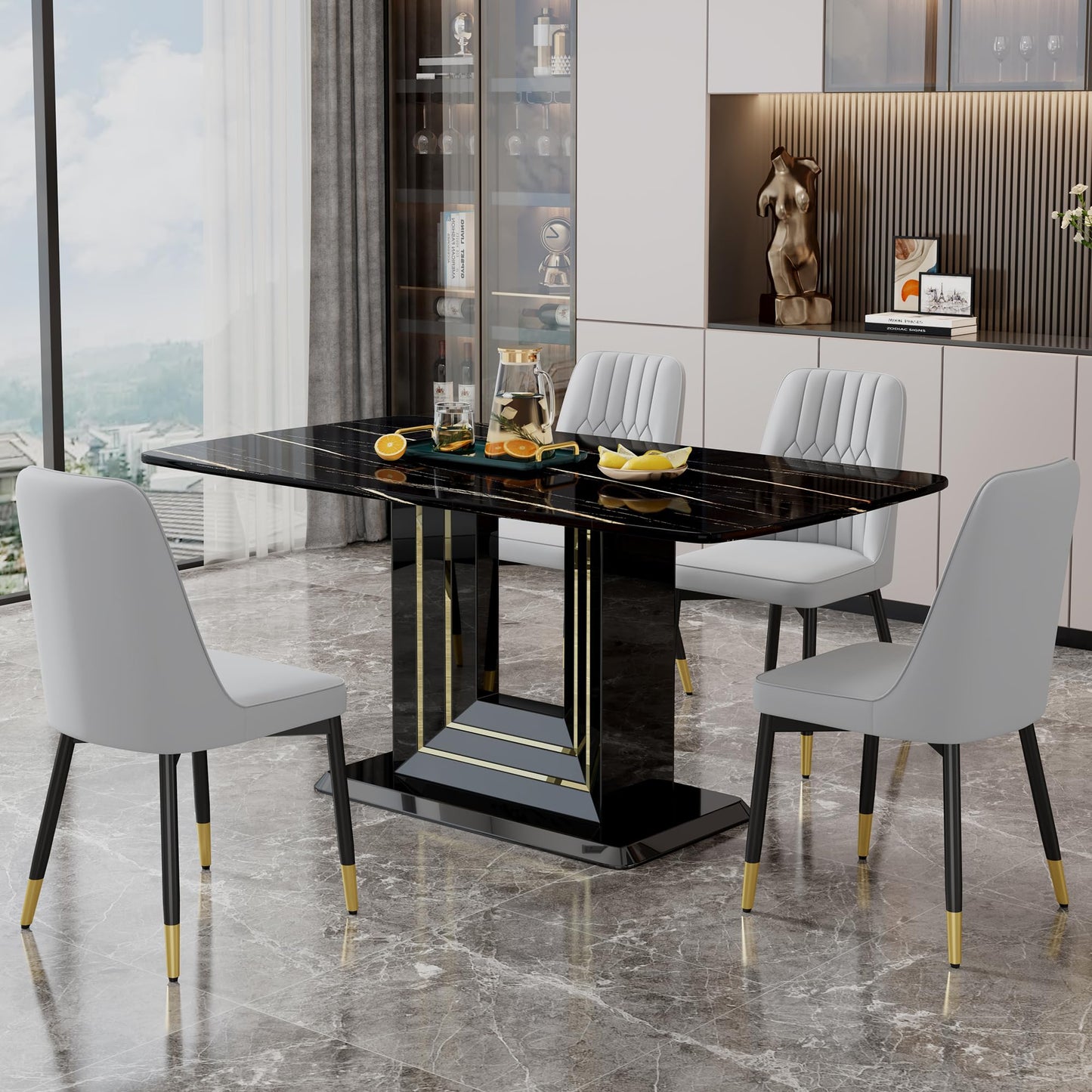 Dining Table Set for 6, White Faux Marble Pattern Table with 6 Modern Dining Chairs