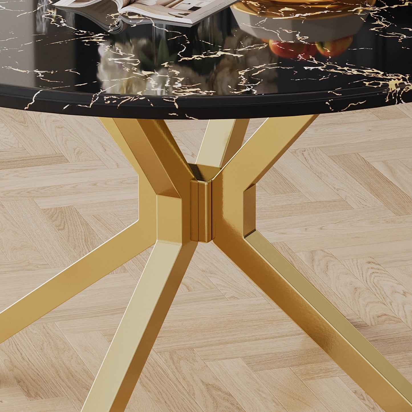 70 Inch White Marble Kitchen Table with Gold Mirrored Cabriole Legs