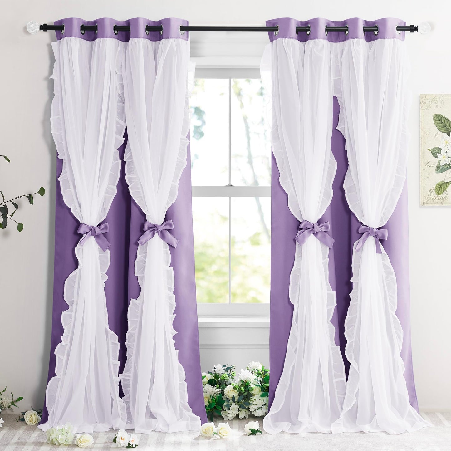 Blackout Window Treatment Double Layer Drapes Ruffle Sheer Overlay 2 Panels