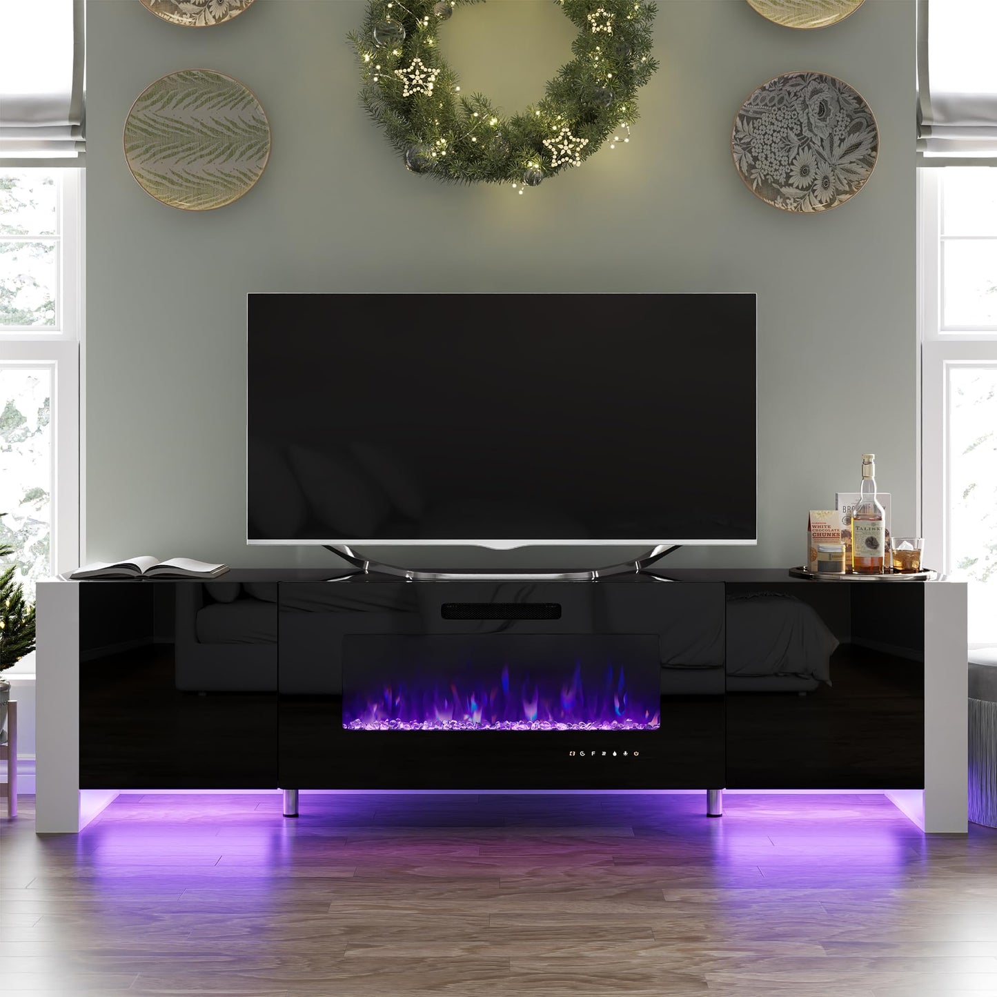 70" Fireplace TV Stand with 36" Electric Fireplace, High Gloss with LED Lights