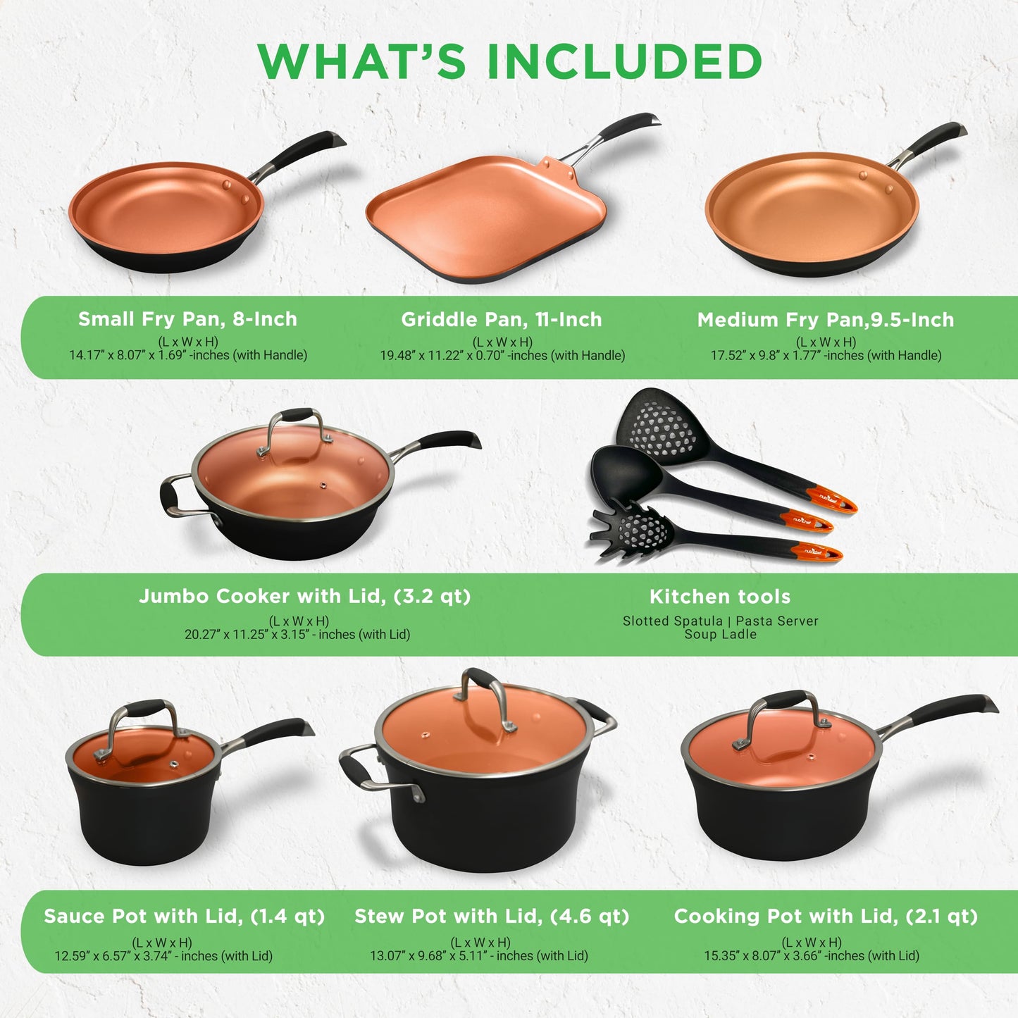 14-Piece Copper Non-Stick Cookware Set - Stackable Pots and Pans with Lids