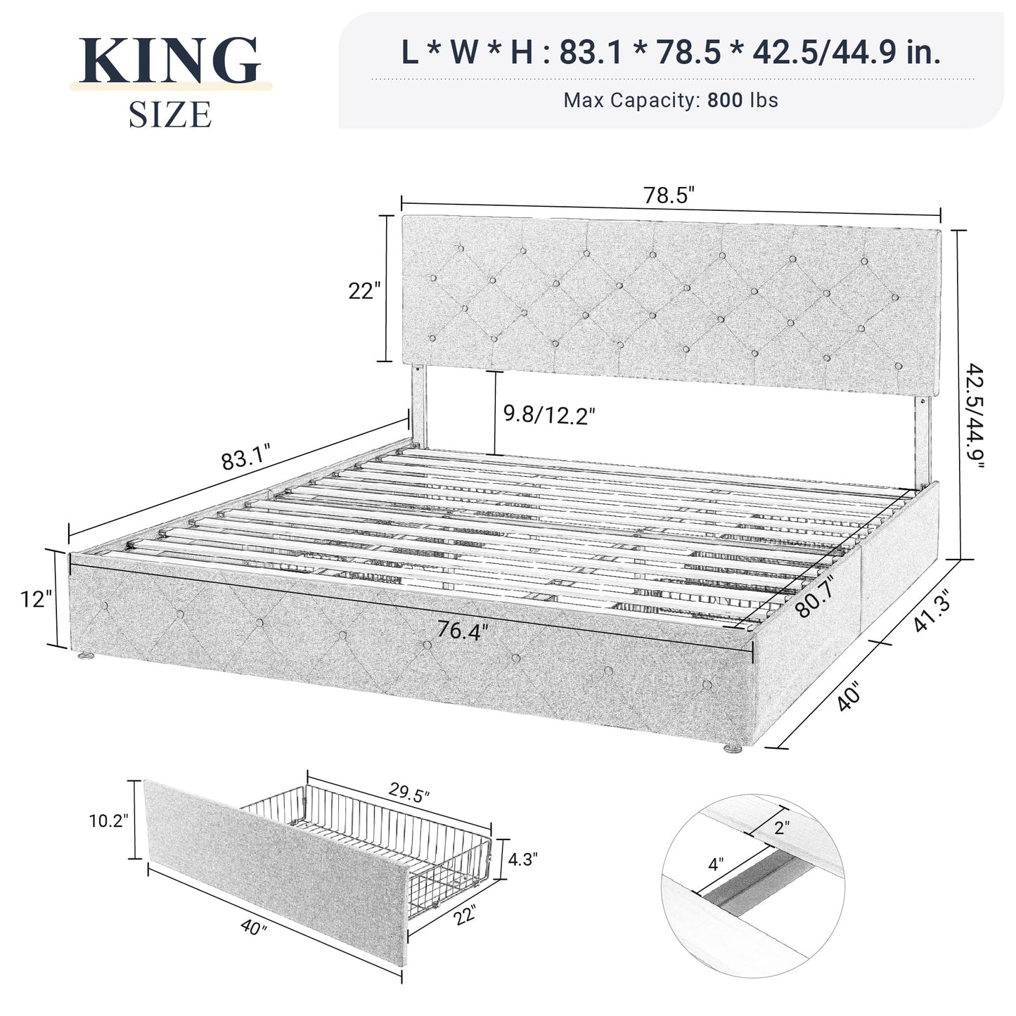 Upholstered Platform Bed Frame with 4 Storage Drawers and Headboard