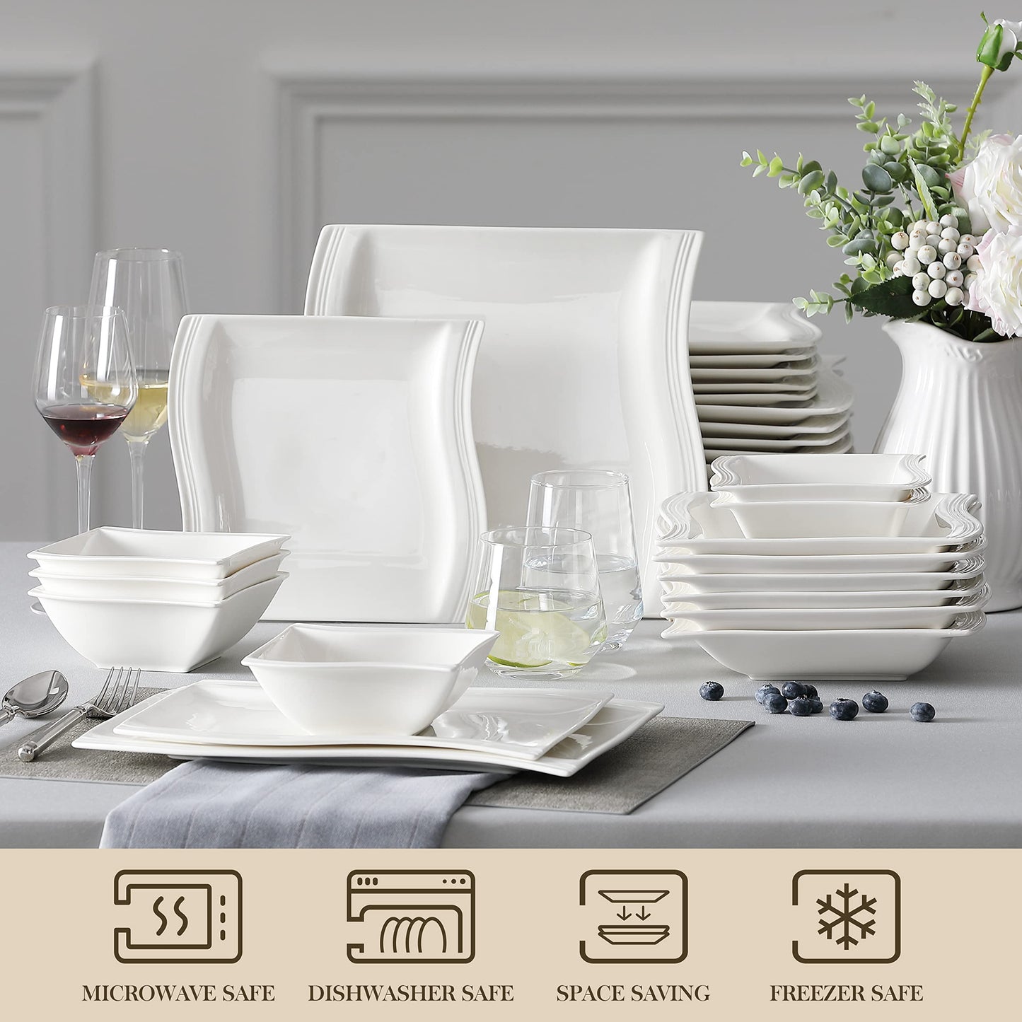 Dinnerware Sets, 12-Piece Porcelain Plates and Bowls Sets, Square Marble