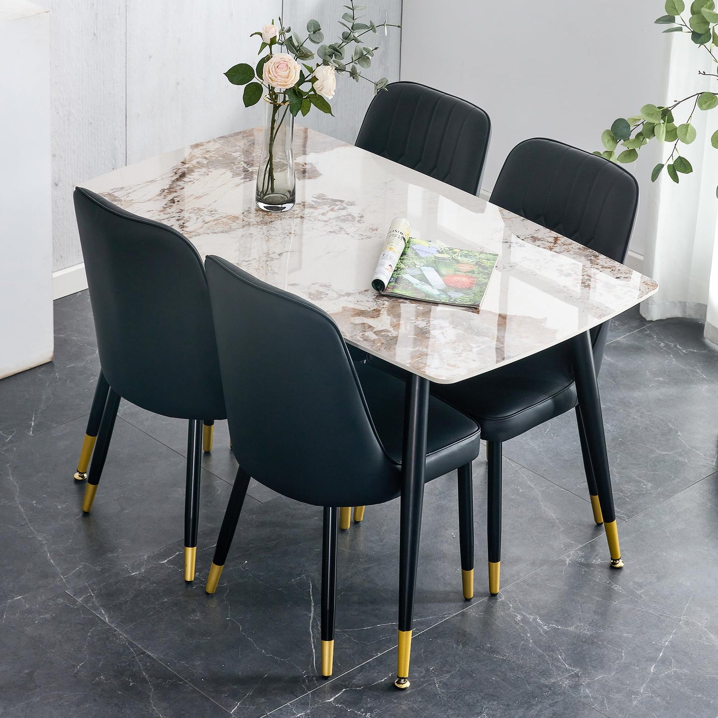 Dining Room Table Set for 4,Sintered Stone Kitchen Table Top and Modern Chairs