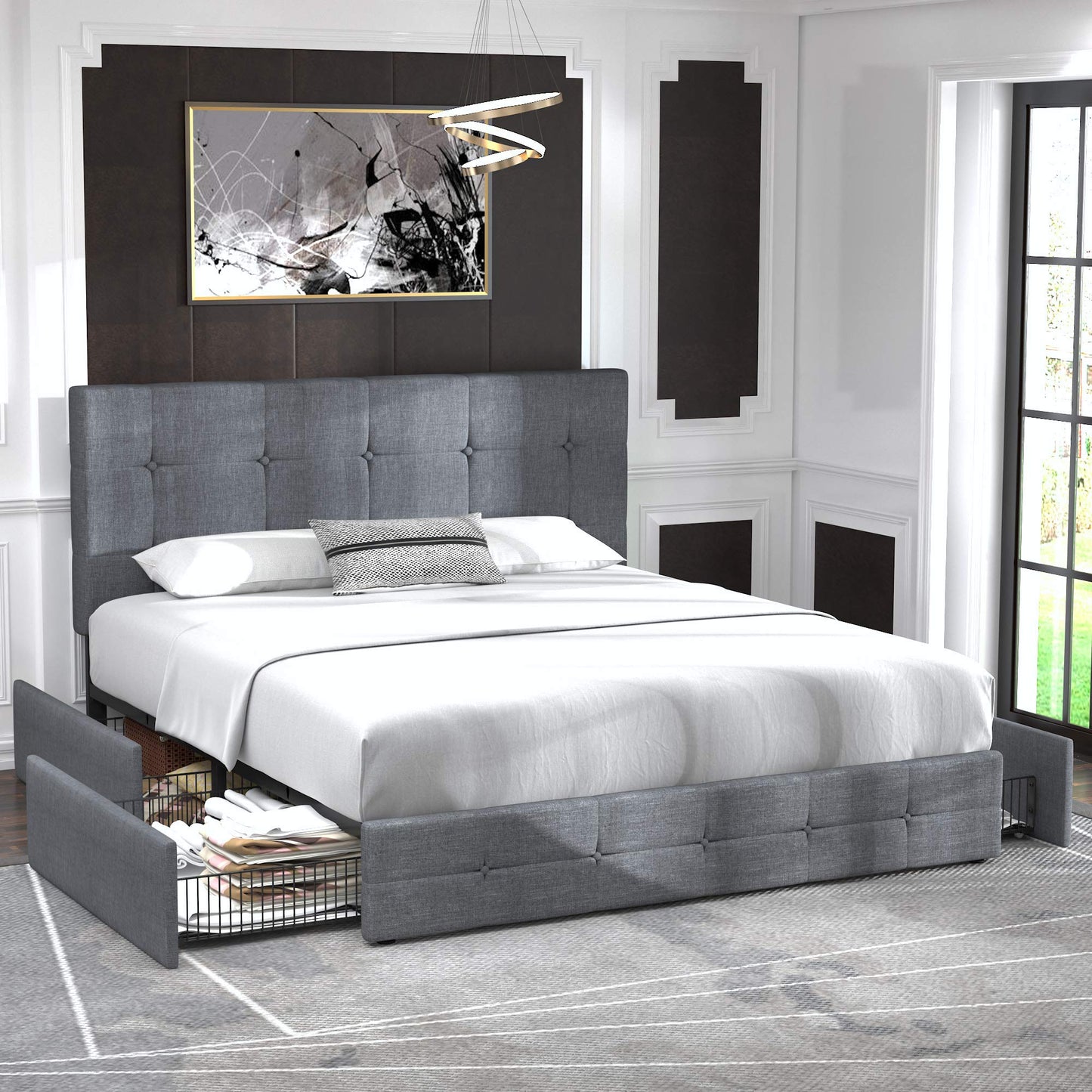 Upholstered Platform Bed Frame with 4 Storage Drawers and Headboard