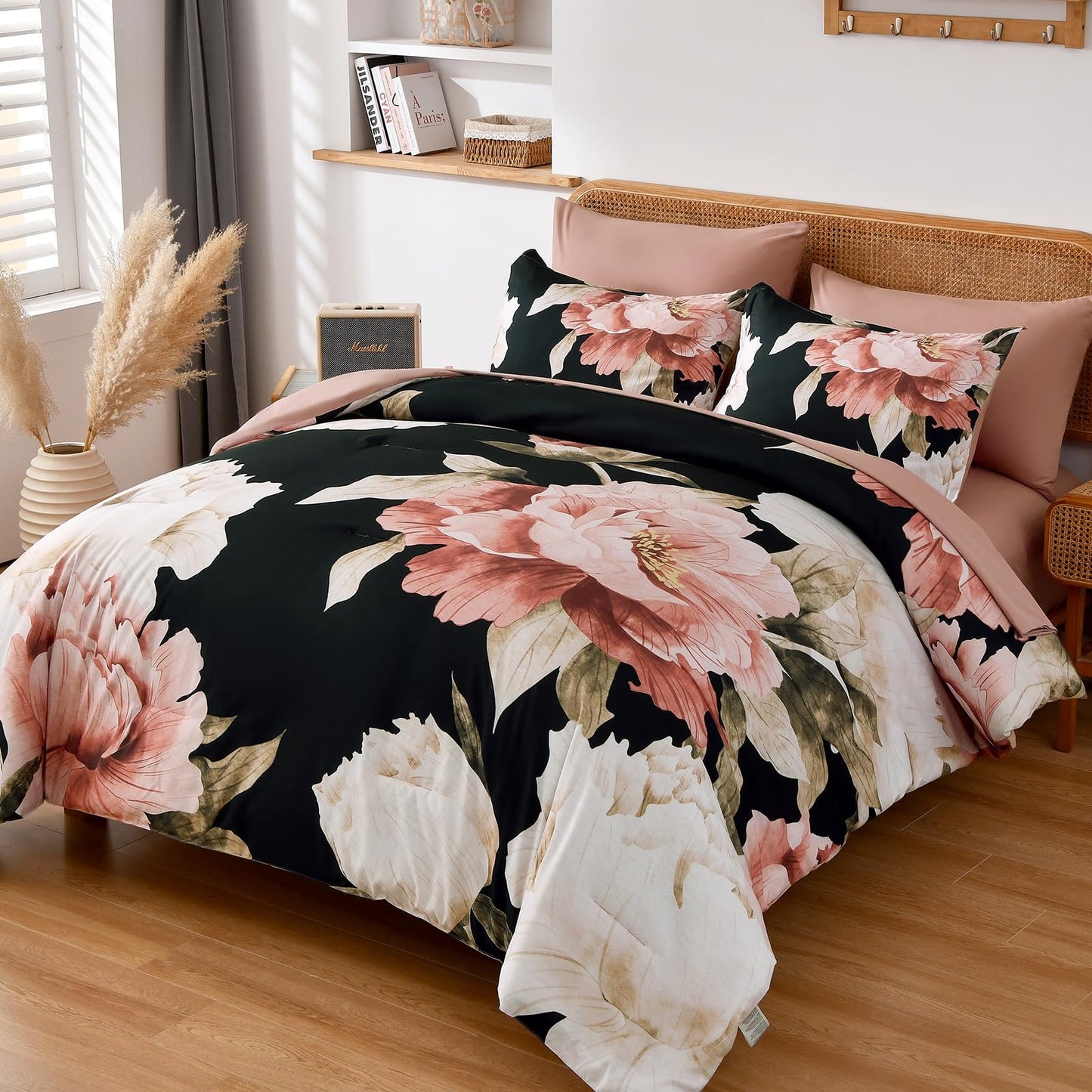 Black Queen Comforter Set 7 Piece Bed in a Bag, Pink Floral Printed