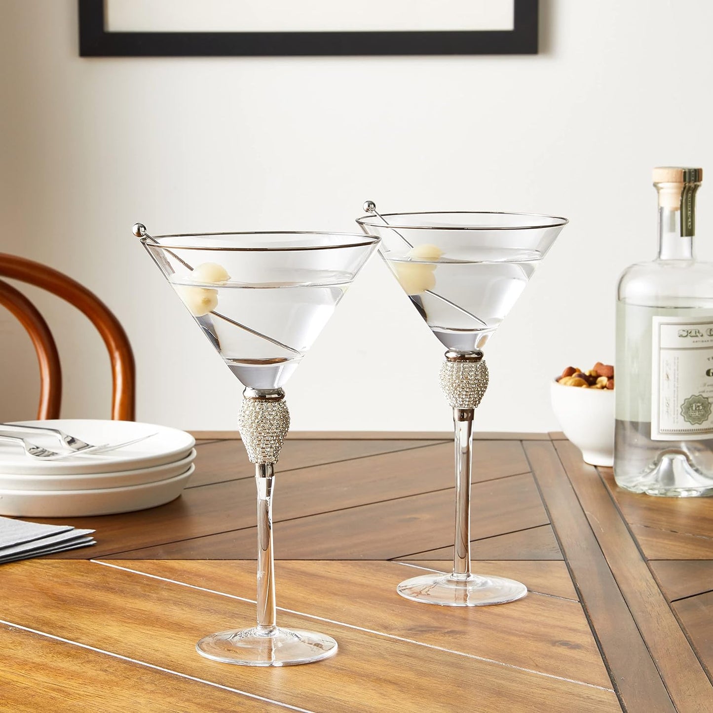 Rhinestone Studded Bling Martini Glasses Set of 2 with Silver Rim, 10 oz.