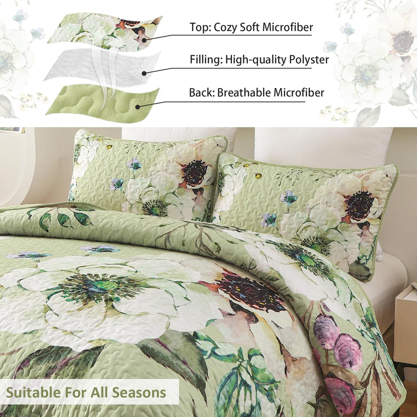 Purple Floral Quilt Set Queen Size, 3 Pieces Botanical Flower Printed